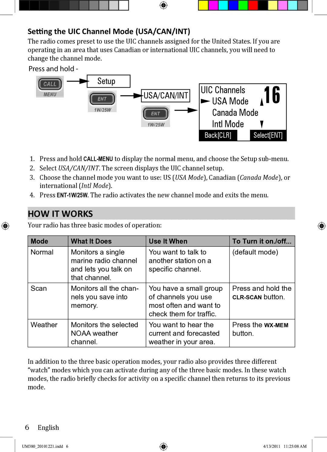 Uniden UM380 How It Works, Setting the UIC Channel Mode USA/CAN/INT, Mode What It Does Use It When To Turn it on./off 