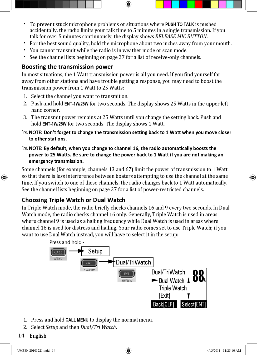 Uniden UM380 owner manual Boosting the transmission power, Choosing Triple Watch or Dual Watch 