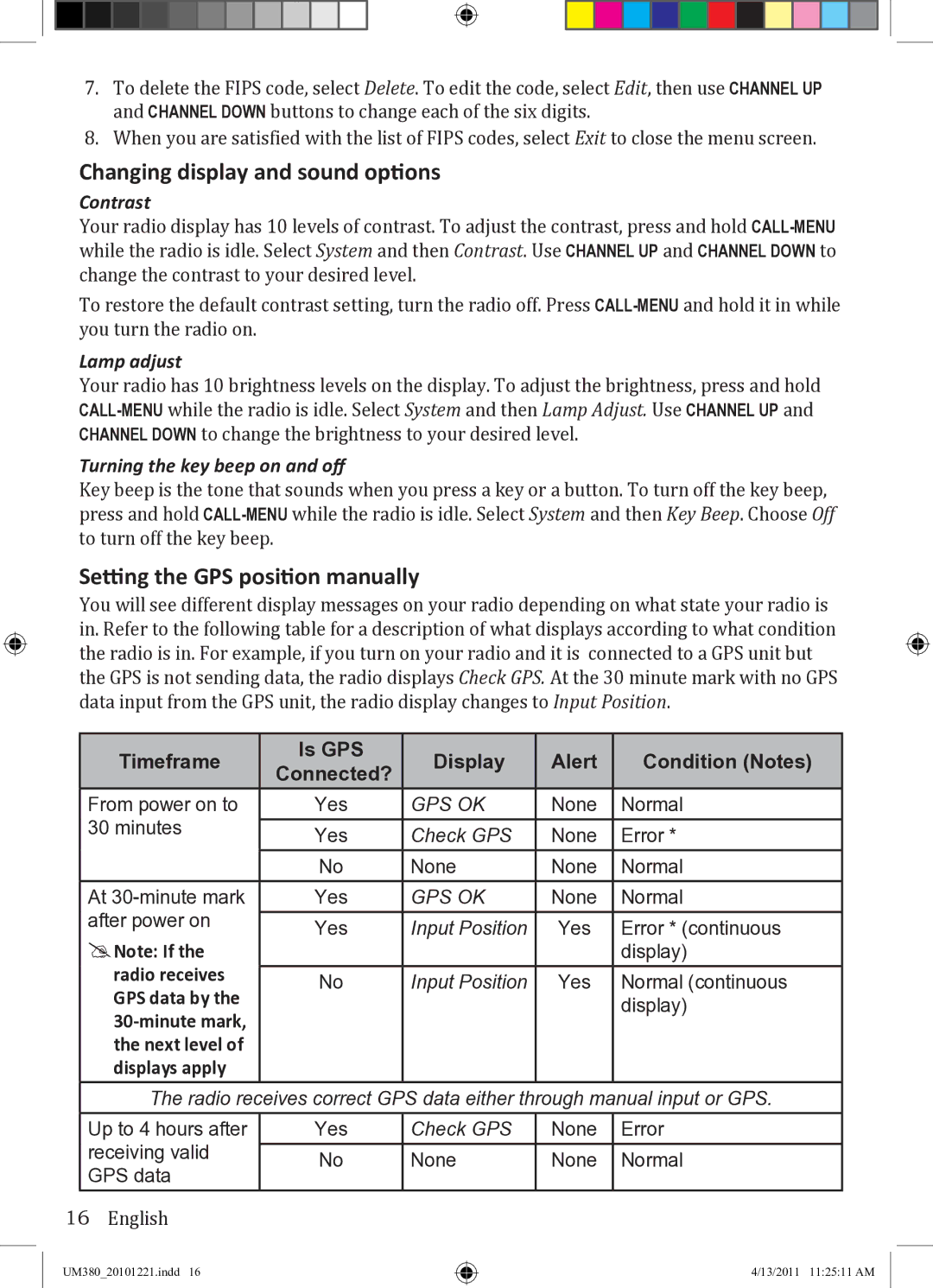 Uniden UM380 owner manual Changing display and sound options, Setting the GPS position manually, Contrast, Lamp adjust 