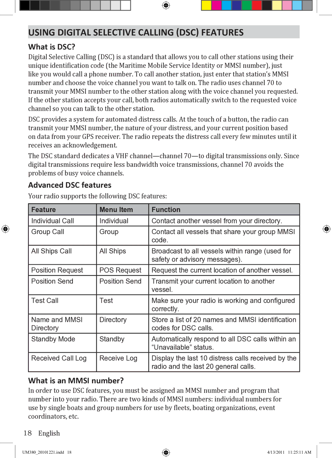 Uniden UM380 Using Digital Selective Calling DSC Features, What is DSC?, Advanced DSC features, What is an Mmsi number? 