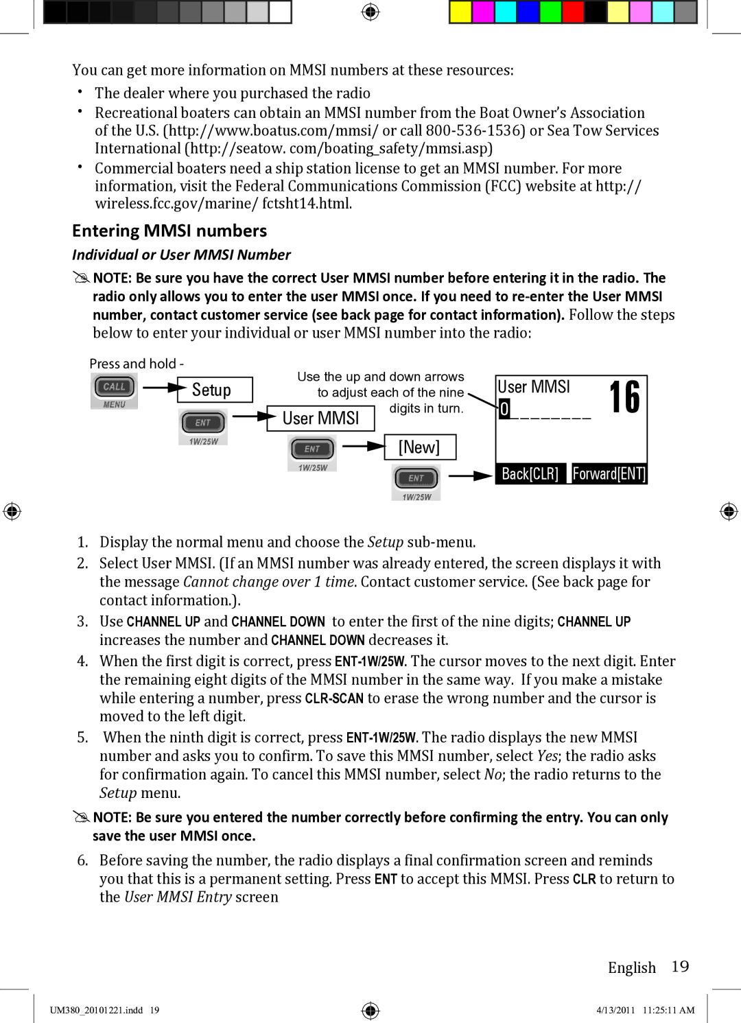 Uniden UM380 owner manual Entering Mmsi numbers, Individual or User Mmsi Number 