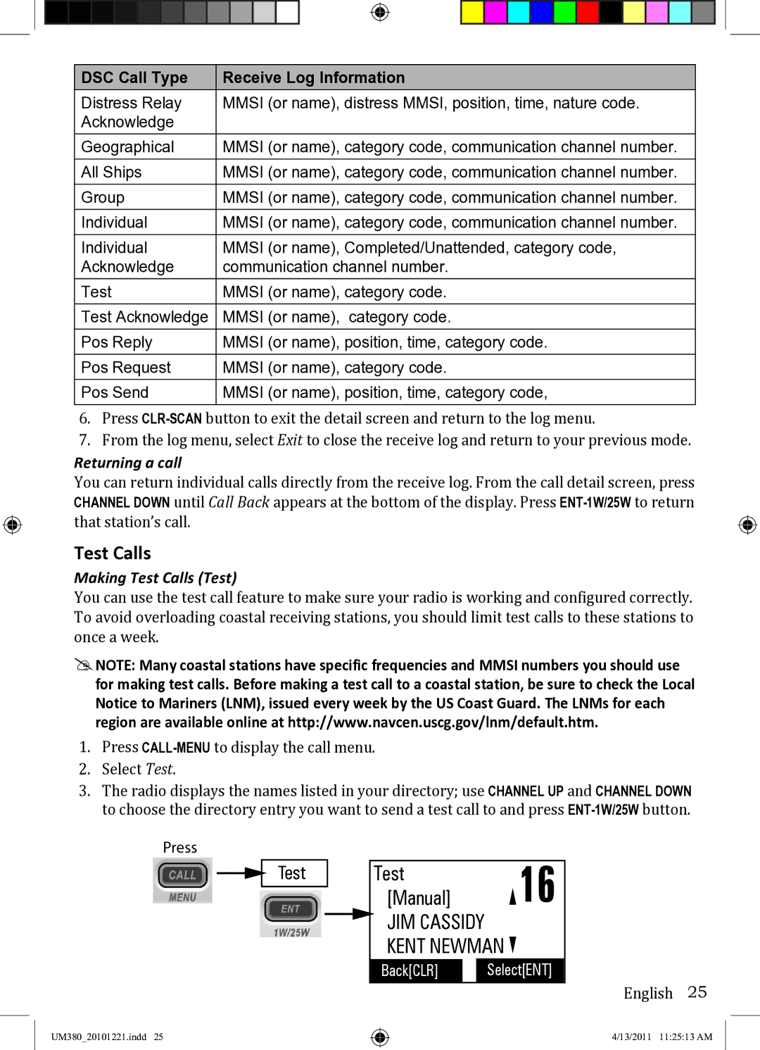 Uniden UM380 owner manual Returning a call, Making Test Calls Test 