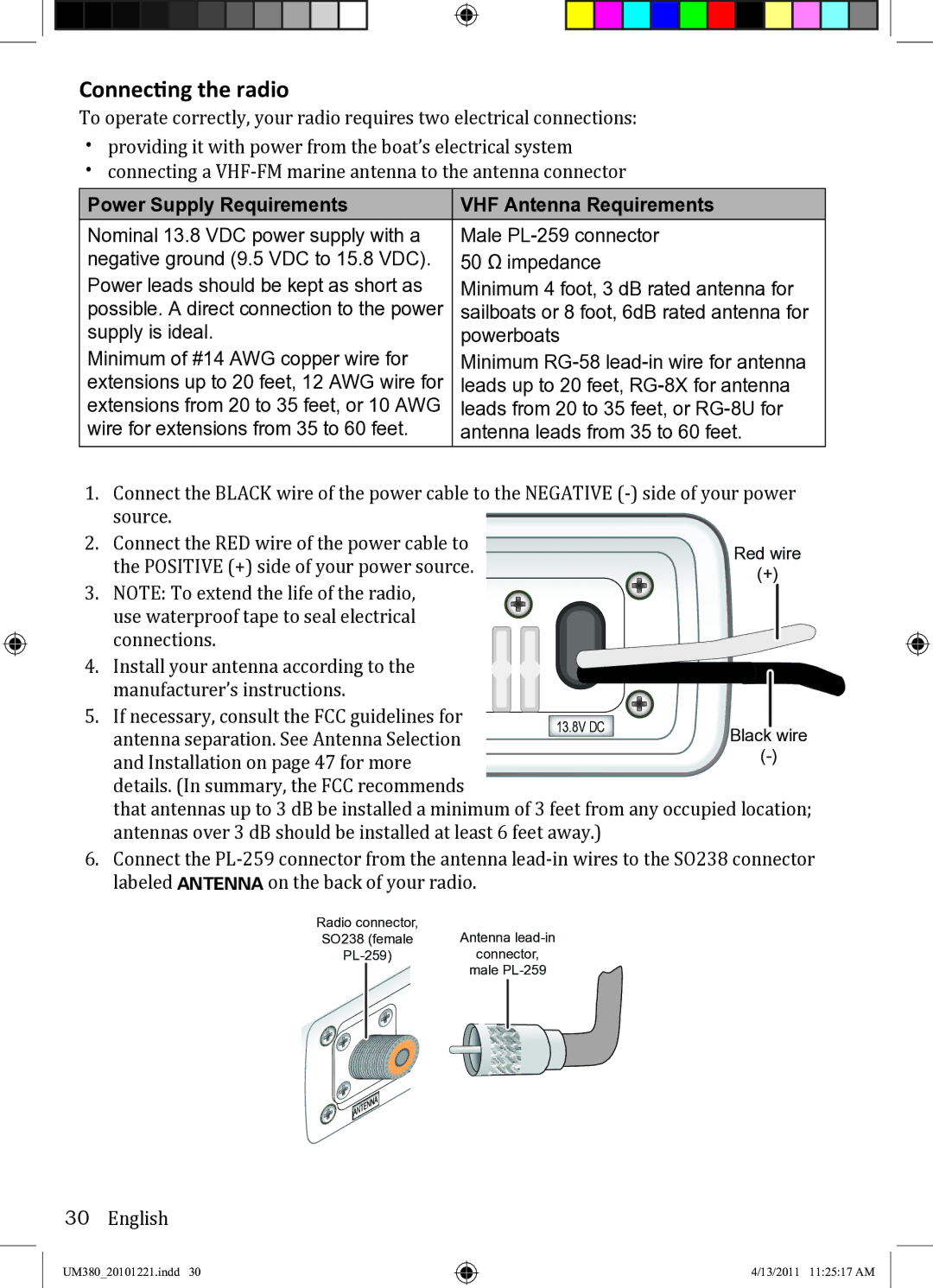 Uniden UM380 owner manual Connecting the radio, Power Supply Requirements VHF Antenna Requirements 