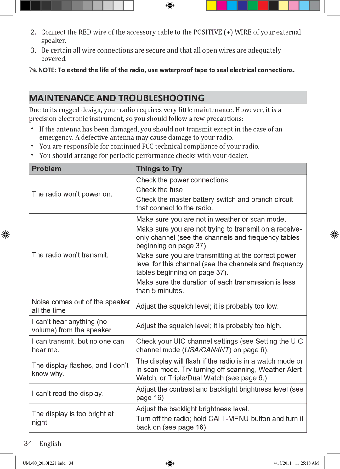 Uniden UM380 owner manual Maintenance and Troubleshooting, Problem Things to Try 