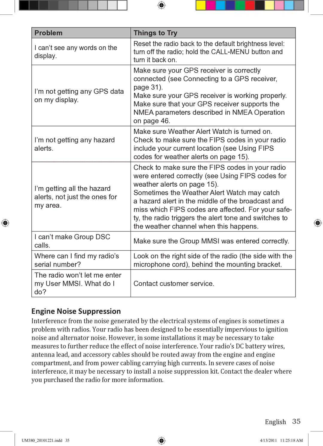 Uniden UM380 owner manual Engine Noise Suppression 