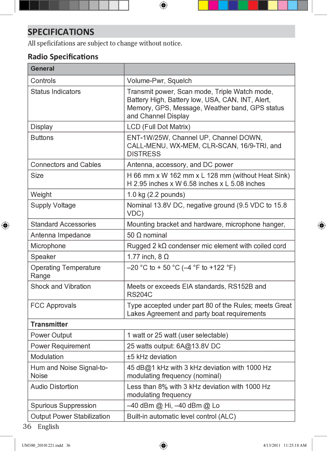 Uniden UM380 owner manual Radio Specifications, Transmitter 