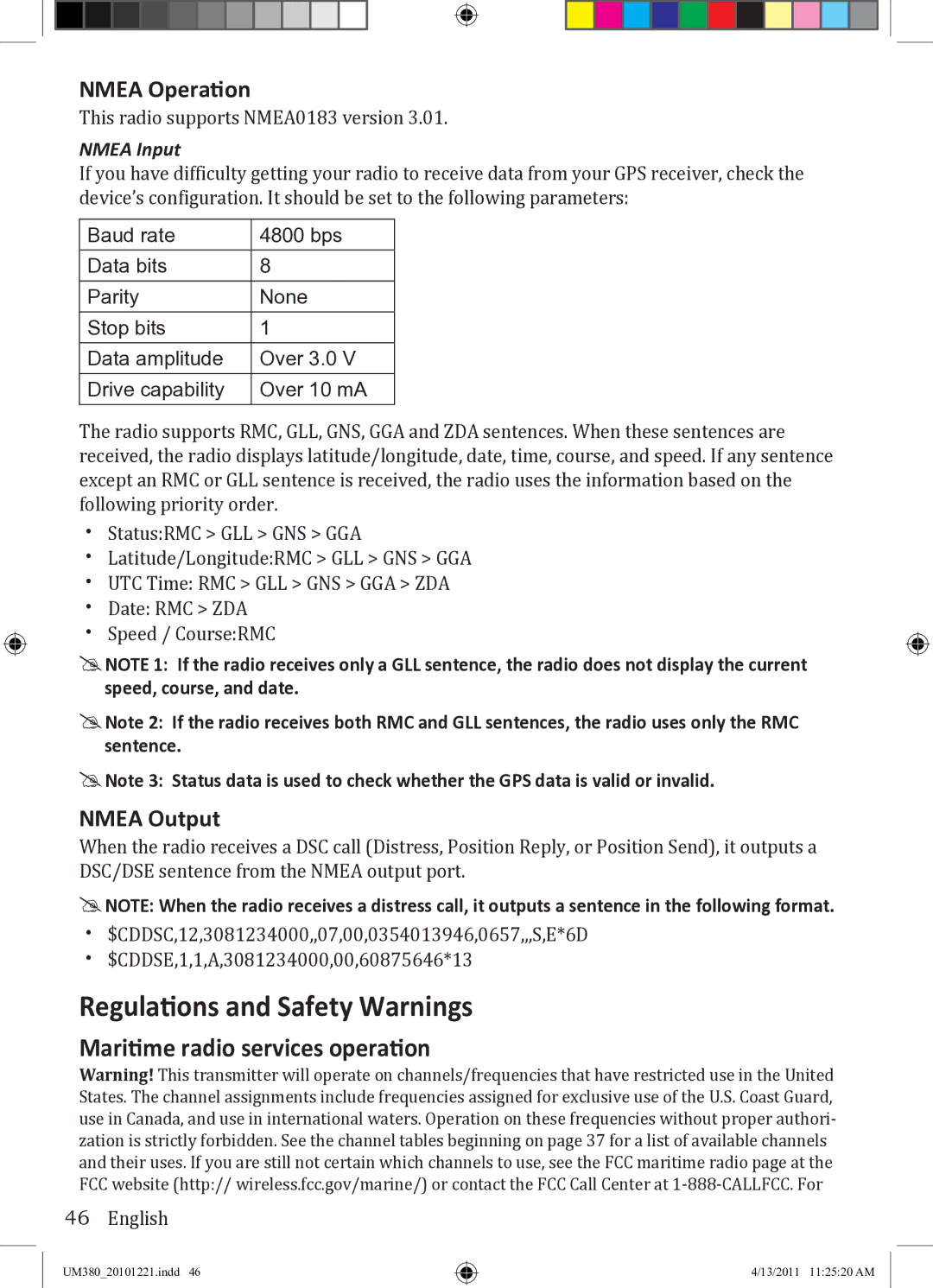 Uniden UM380 owner manual Nmea Operation, Nmea Output, Nmea Input 