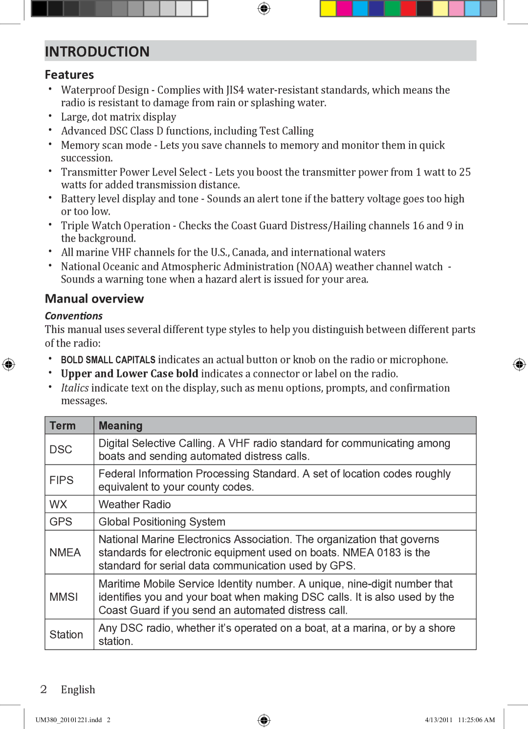 Uniden UM380 owner manual Introduction, Features, Manual overview, Conventions, Term Meaning 