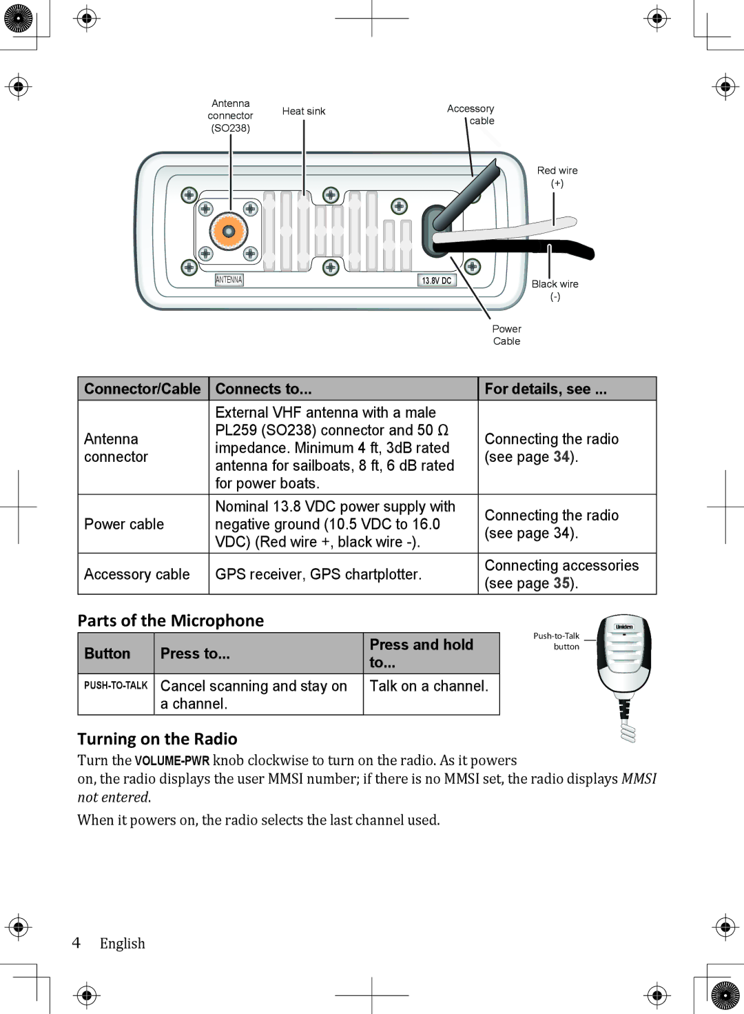 Uniden UM380BK owner manual Parts of the Microphone, Turning on the Radio, Connector/Cable Connects to For details, see 