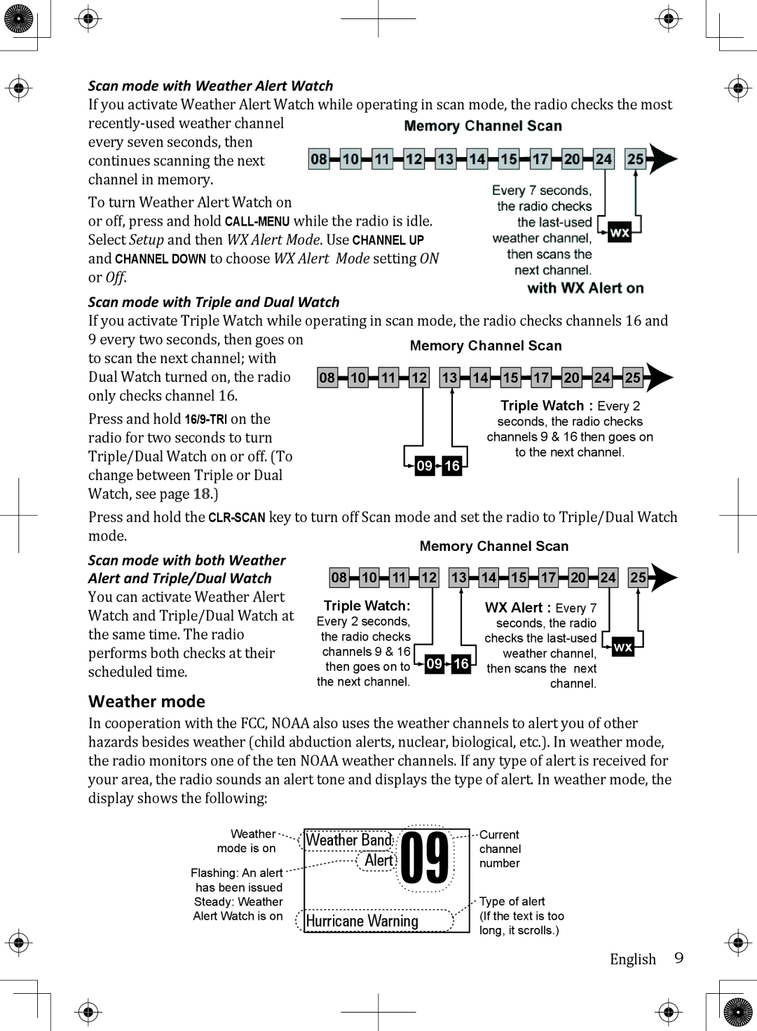 Uniden UM380BK owner manual Weather mode, Scan mode with Weather Alert Watch, Scan mode with Triple and Dual Watch 