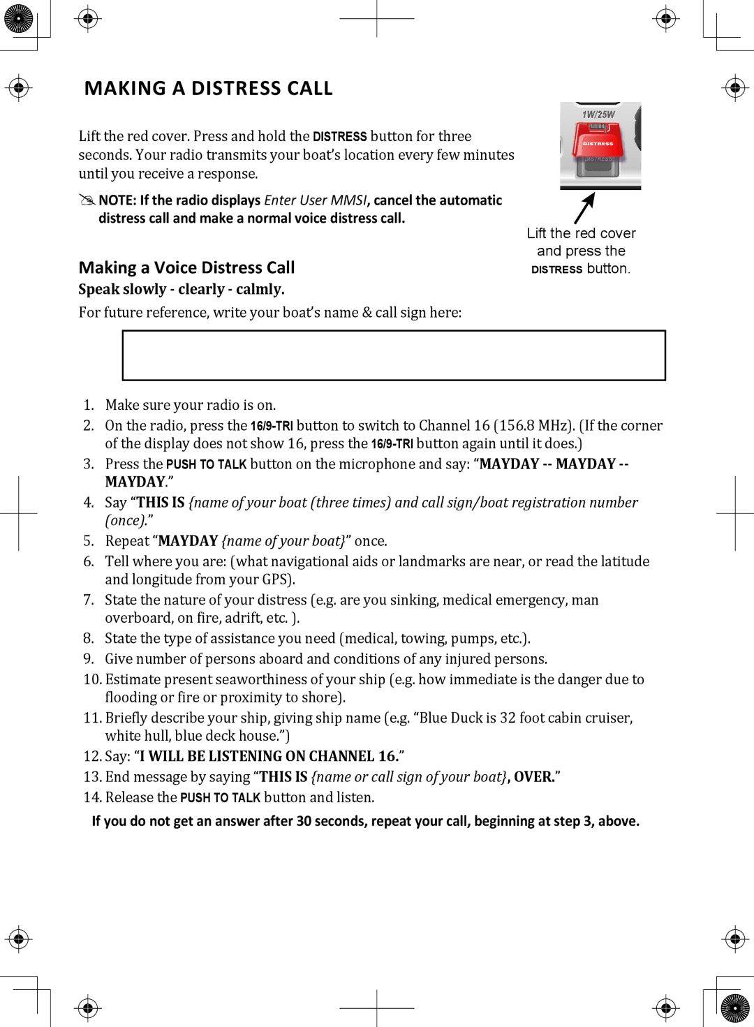 Uniden UM380BK owner manual Making a Distress Call, Making a Voice Distress Call 