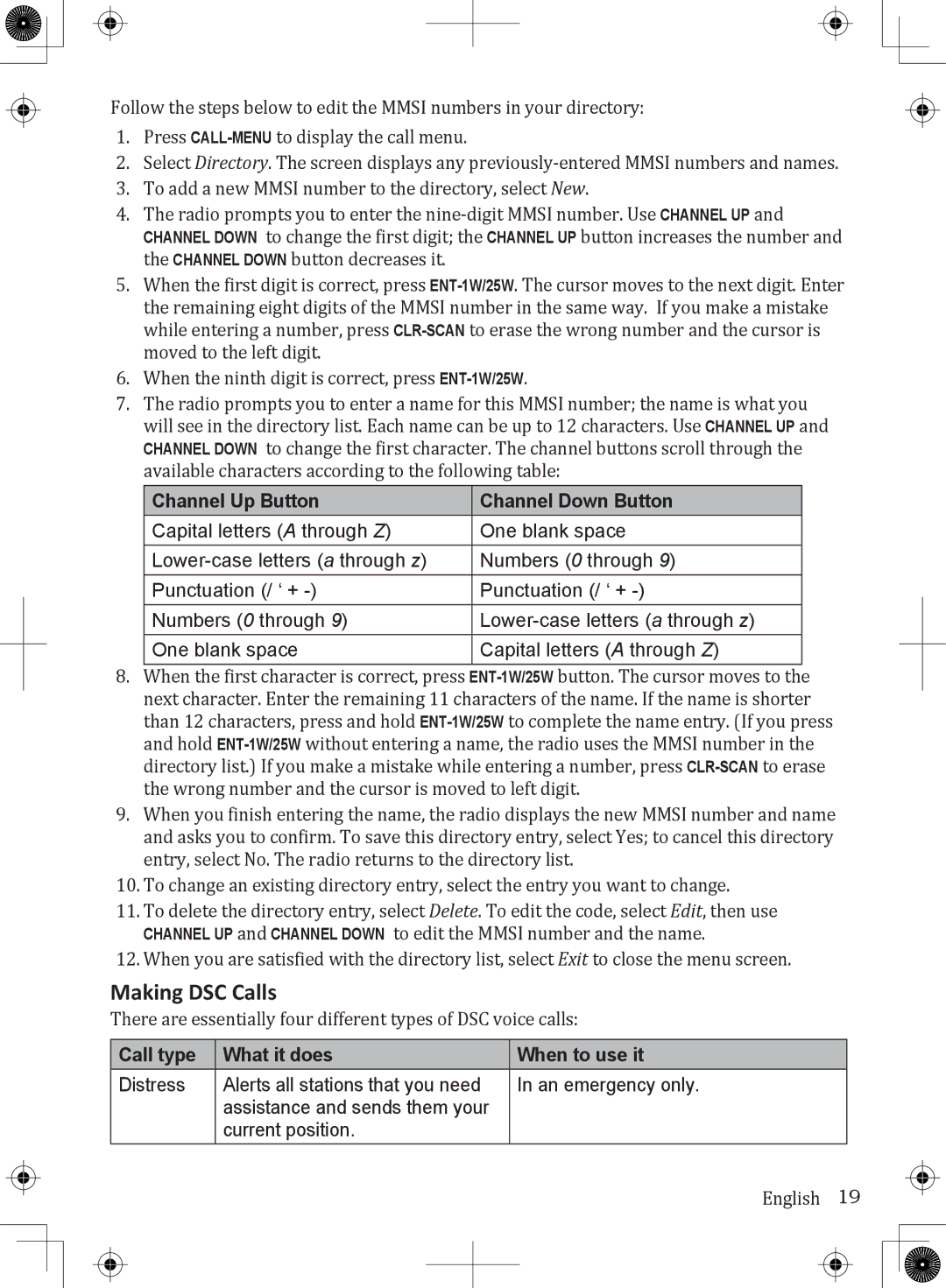 Uniden UM380BK owner manual Making DSC Calls, Channel Up Button Channel Down Button, Call type What it does When to use it 