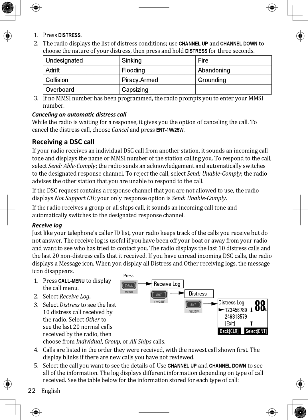 Uniden UM380BK owner manual Receiving a DSC call, Canceling an automatic distress call, Receive log 