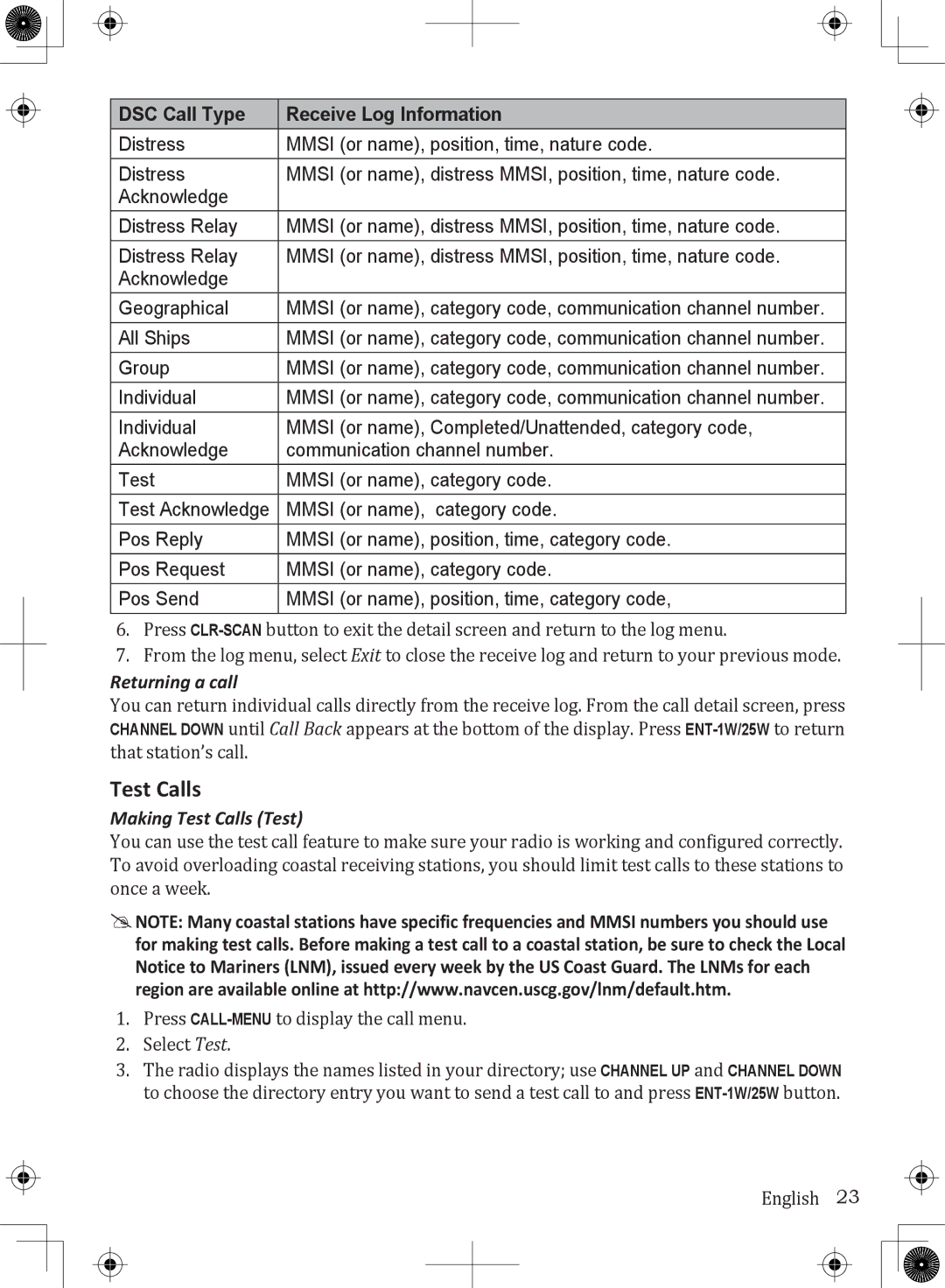 Uniden UM380BK owner manual DSC Call Type Receive Log Information, Returning a call, Making Test Calls Test 