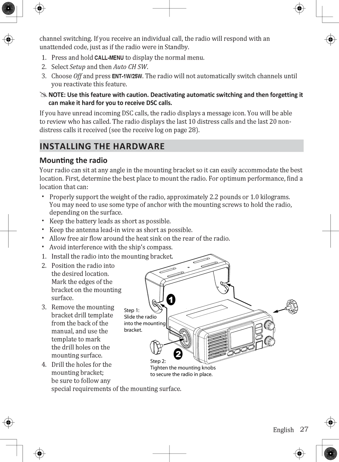 Uniden UM380BK owner manual Installing the Hardware, Mounting the radio 