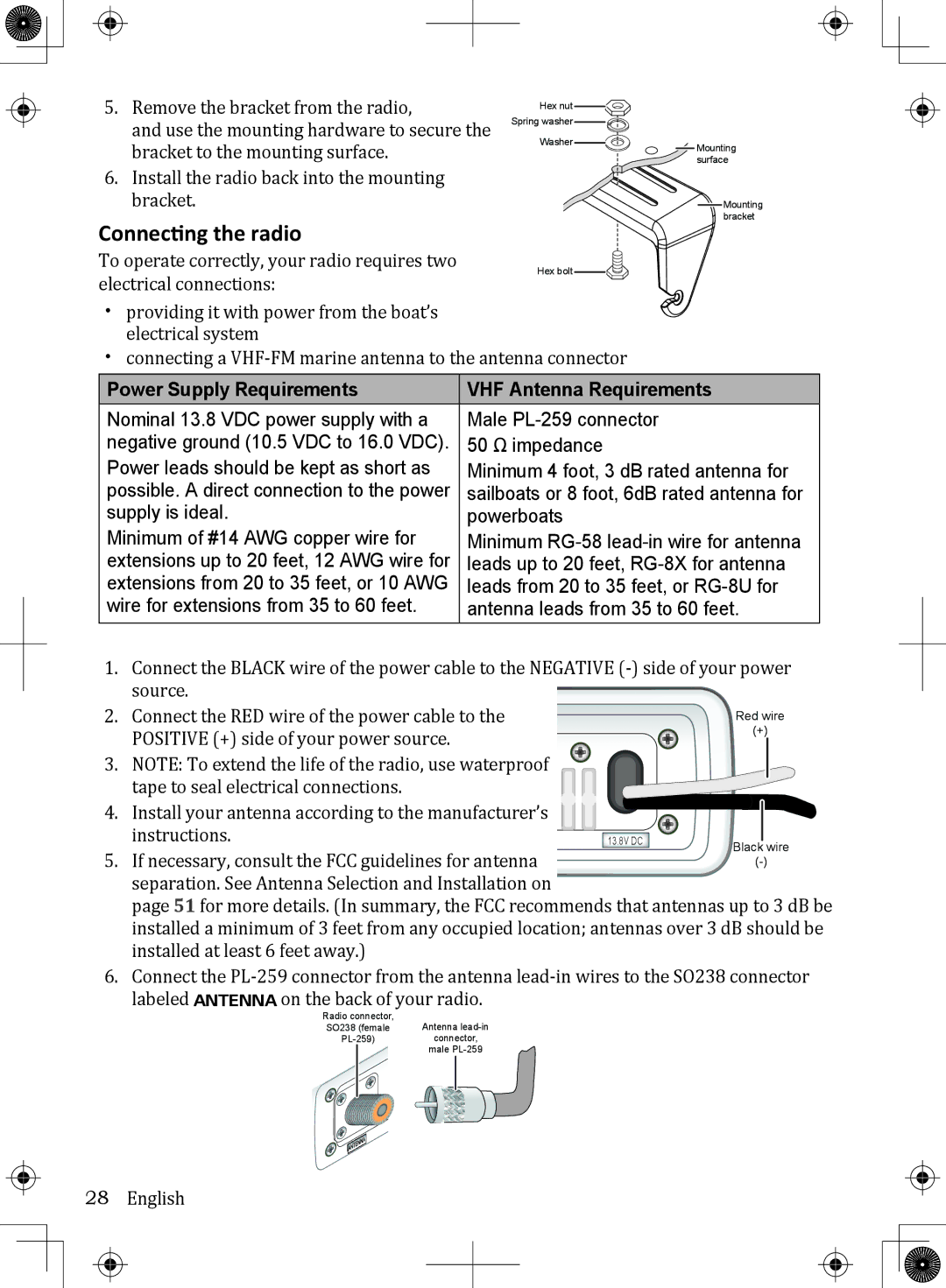 Uniden UM380BK owner manual Connecting the radio, Power Supply Requirements VHF Antenna Requirements 