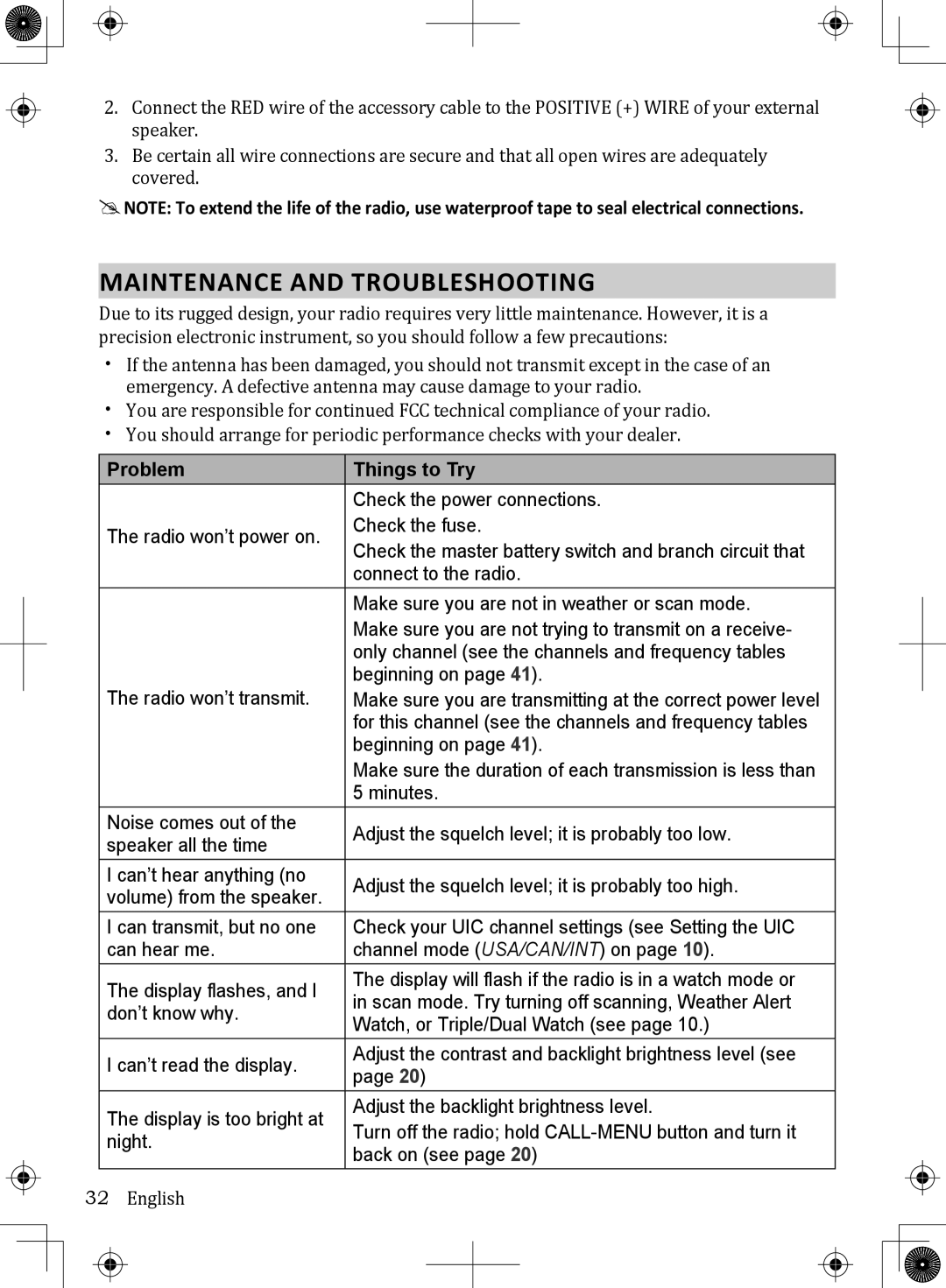 Uniden UM380BK owner manual Maintenance and Troubleshooting, Problem Things to Try 