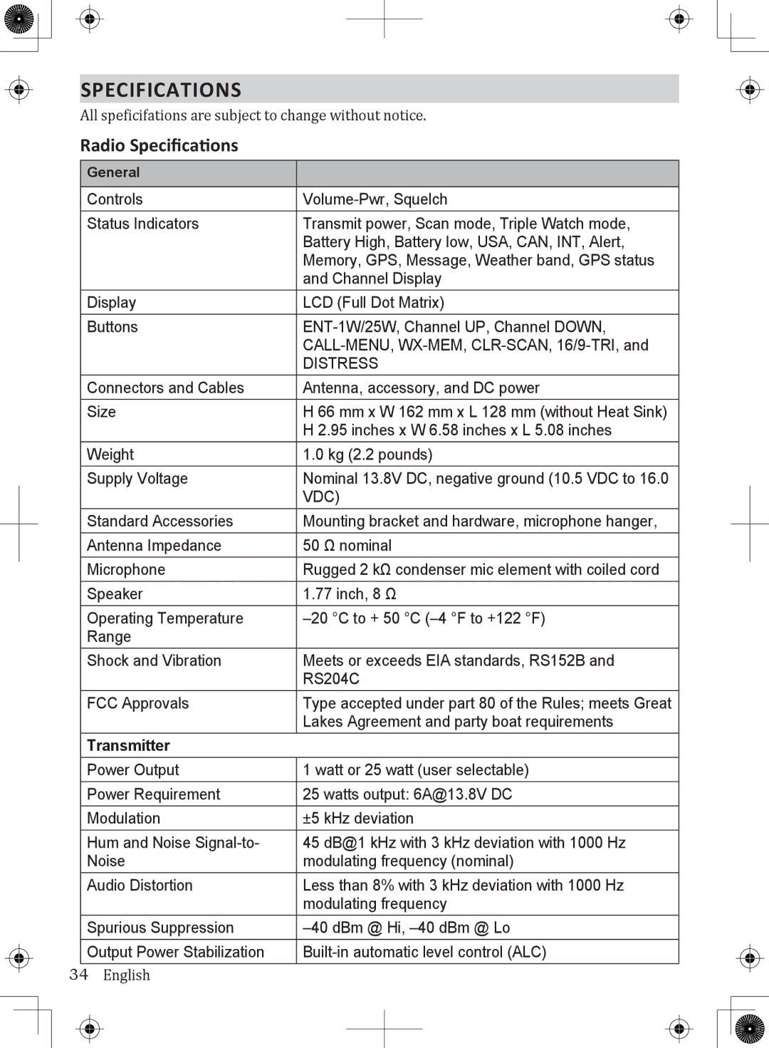 Uniden UM380BK owner manual Radio Specifications, Transmitter 