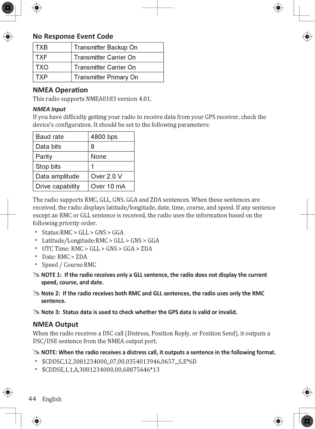 Uniden UM380BK owner manual No Response Event Code, Nmea Operation, Nmea Output, Nmea Input 