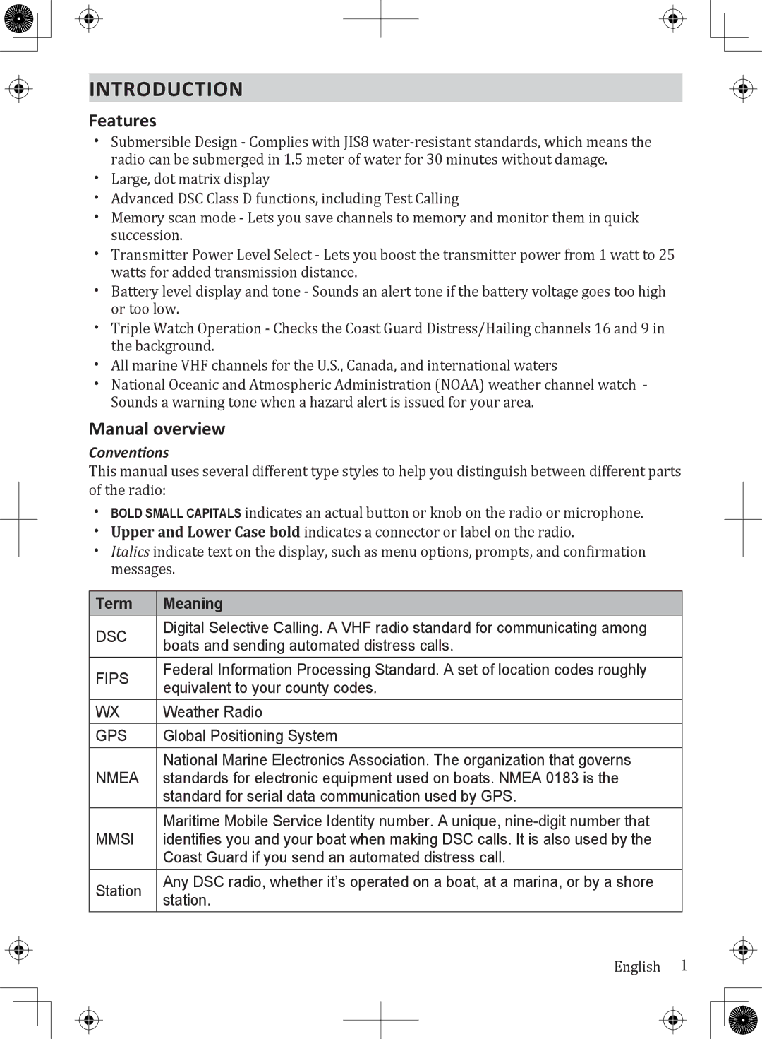 Uniden UM380BK owner manual Introduction, Features, Manual overview, Conventions, Term Meaning 