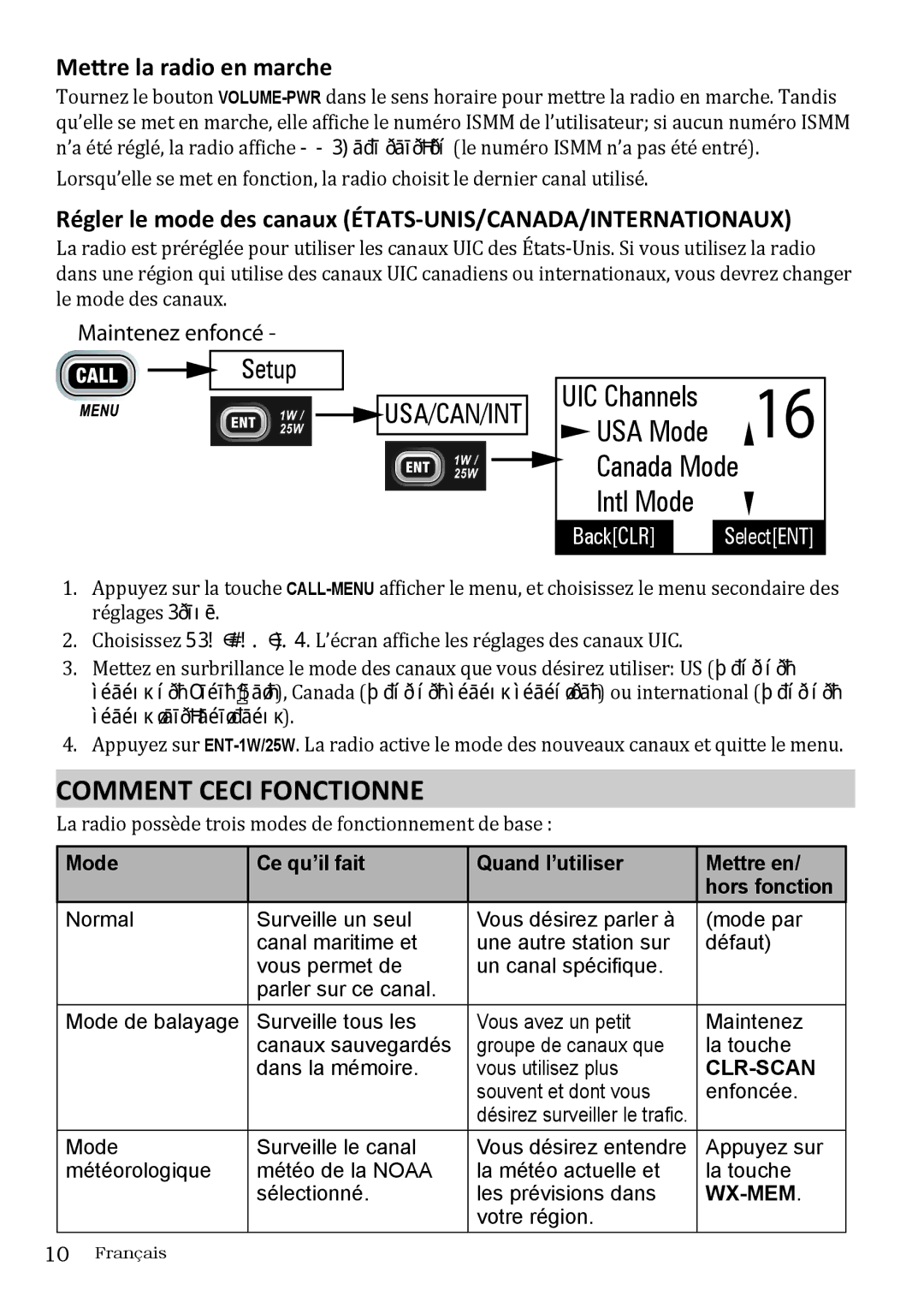 Uniden UM415 Comment Ceci Fonctionne, Mettre la radio en marche, Laxradioxpossèdextroisxmodesxdexfonctionnementxdexbasexx 