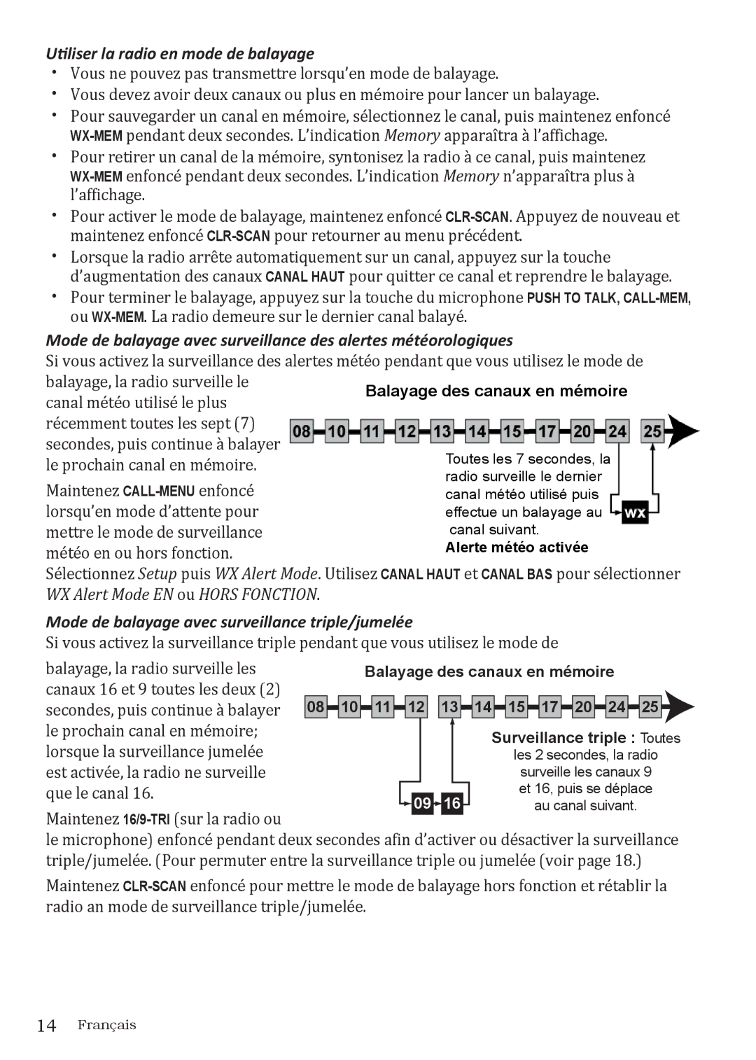 Uniden UM415 owner manual Utiliser la radio en mode de balayage, Mode de balayage avec surveillance triple/jumelée 