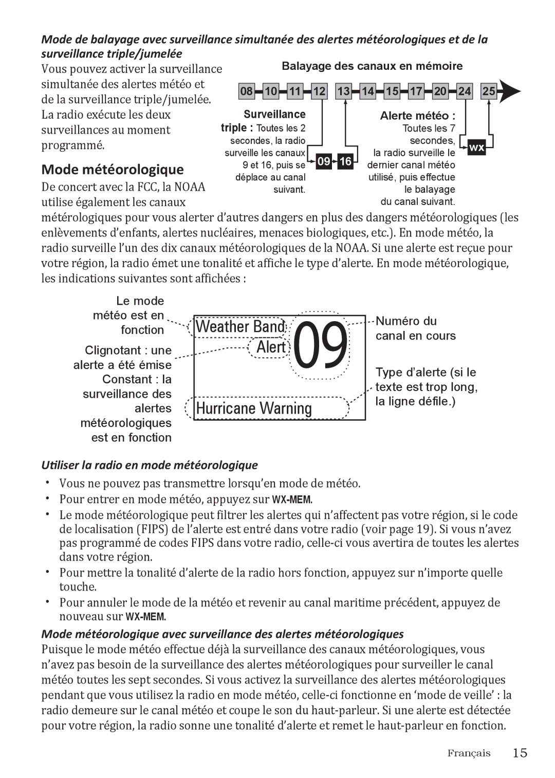 Uniden UM415 owner manual Mode météorologique, Utiliser la radio en mode météorologique 