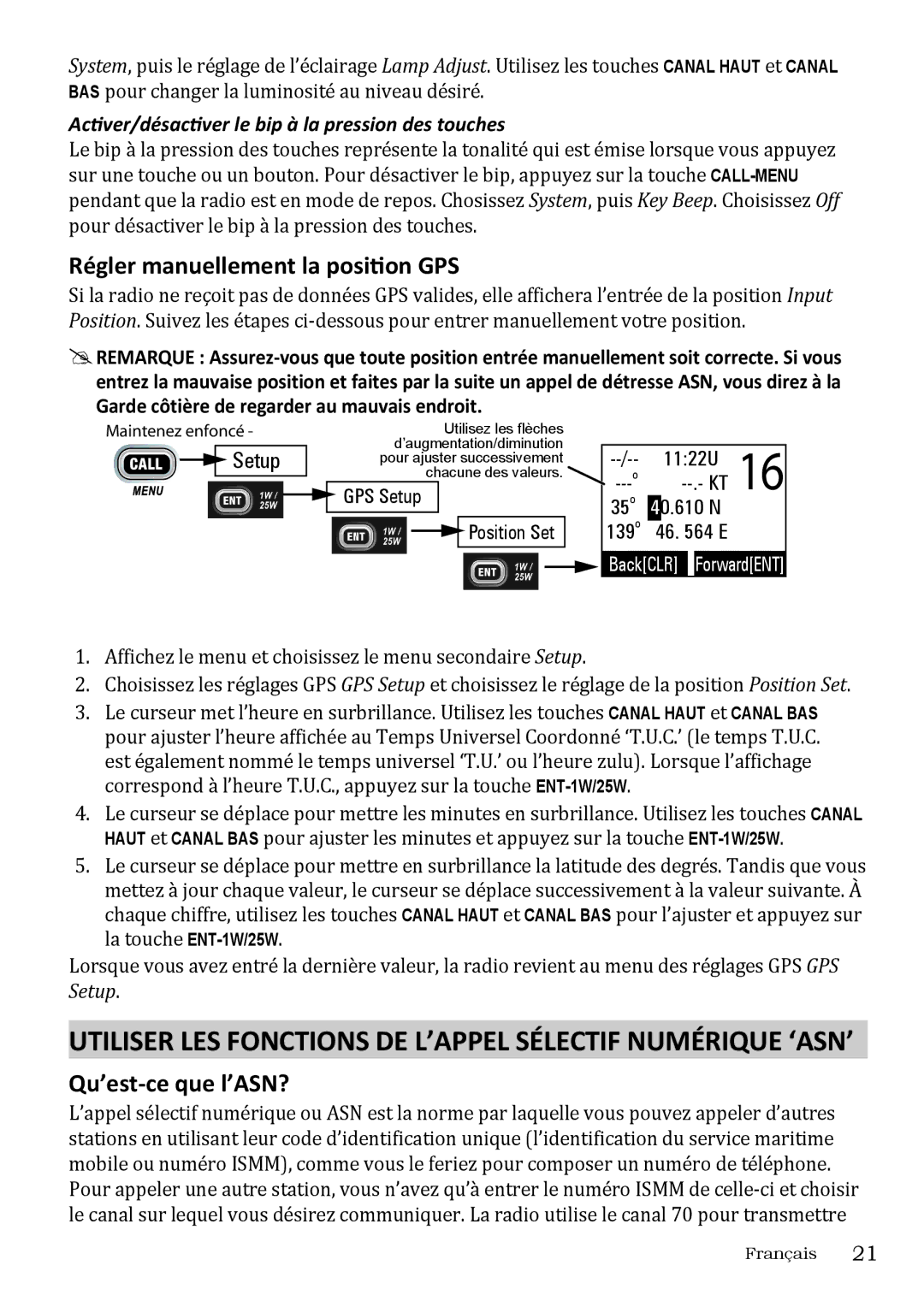 Uniden UM415 Utiliser LES Fonctions DE L’APPEL Sélectif Numérique ‘ASN’, Régler manuellement la position GPS, Setup 