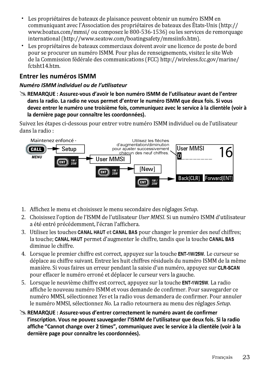 Uniden UM415 owner manual Entrer les numéros Ismm, User Mmsi New, Numéro Ismm individuel ou de l’utilisateur 