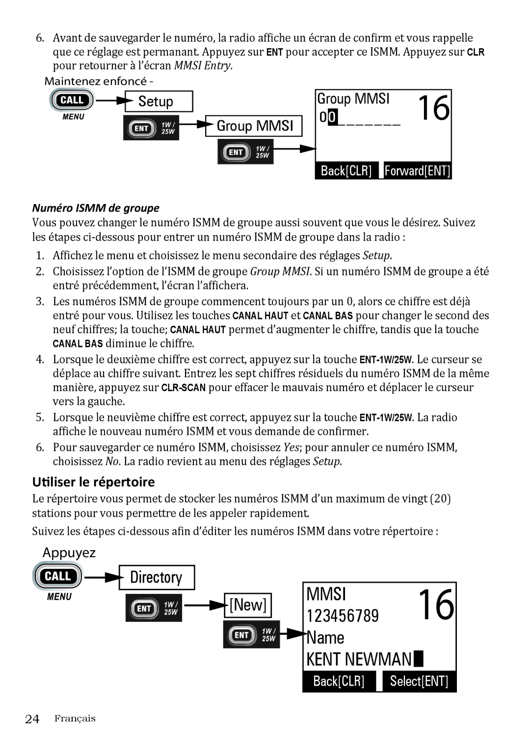 Uniden UM415 owner manual Setup Group Mmsi Group Mmsi 16, Utiliser le répertoire 