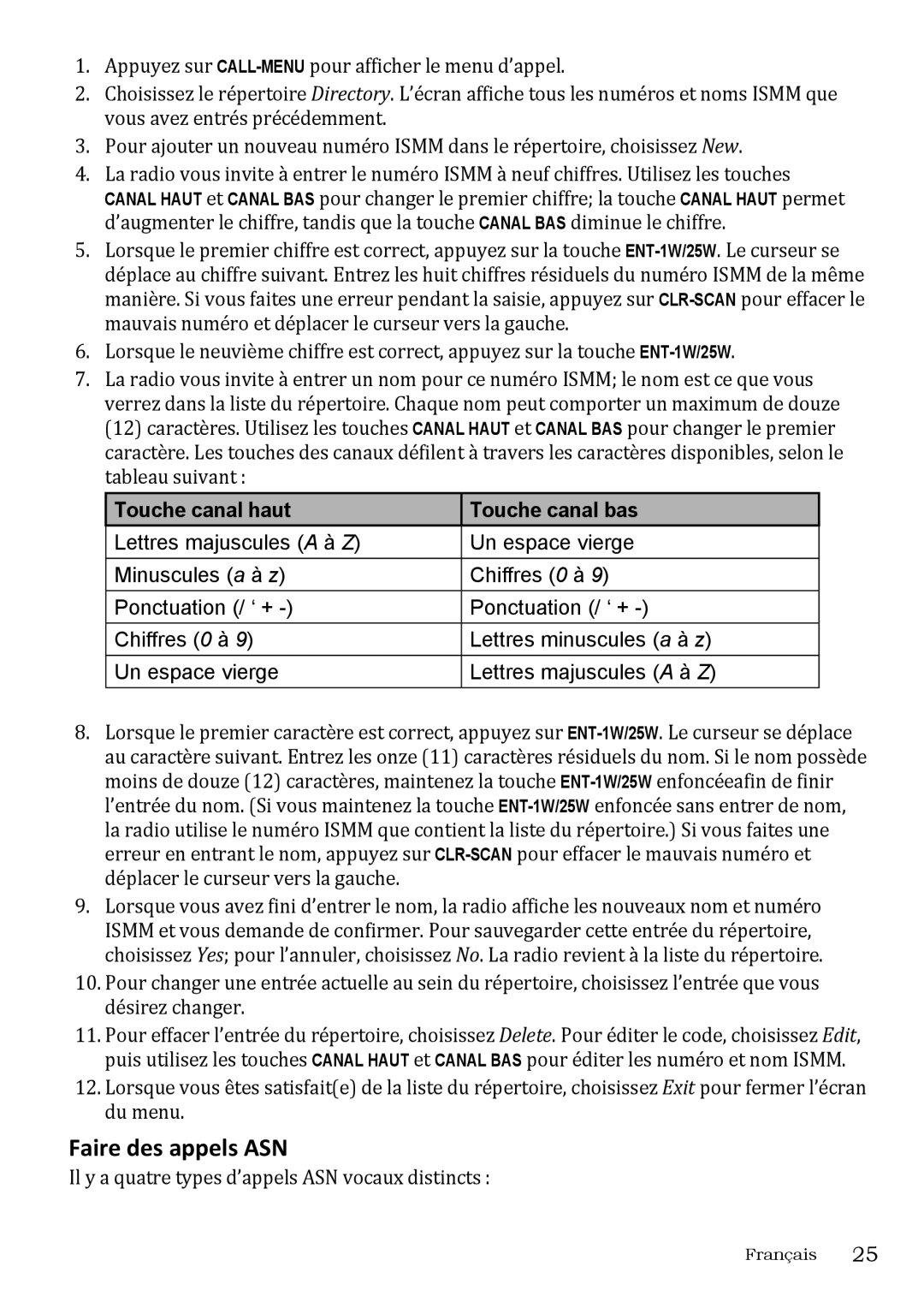 Uniden UM415 Faire des appels ASN, Touche canal haut Touche canal bas, Il y a quatre types d’appels ASN vocaux distincts 