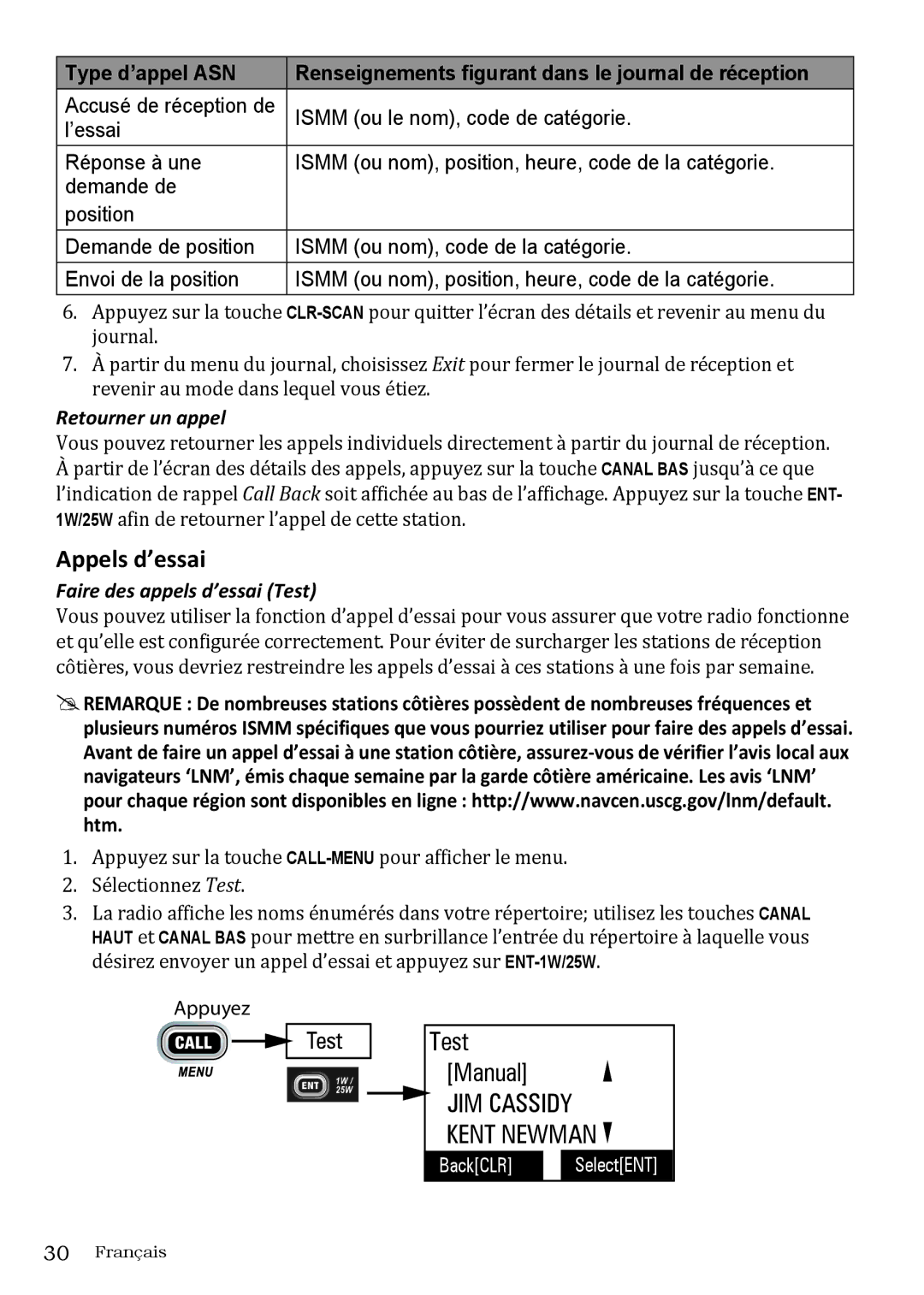 Uniden UM415 owner manual Appels d’essai, Retourner un appel 