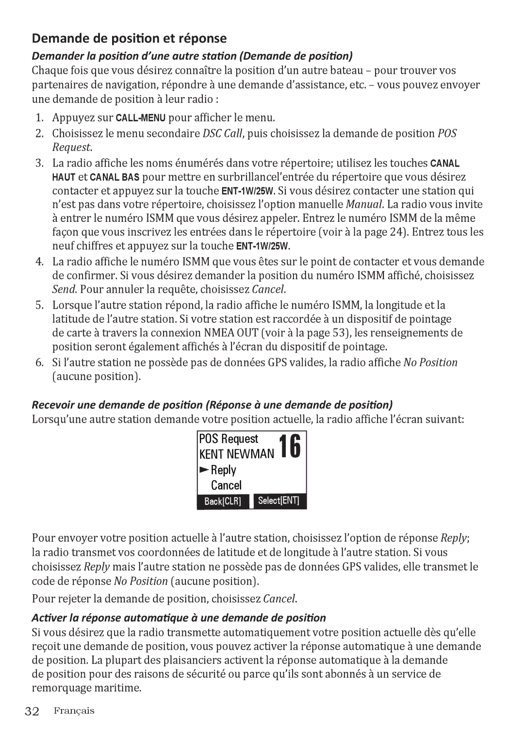 Uniden UM415 owner manual Demande de position et réponse, POS Request, Reply Cancel 