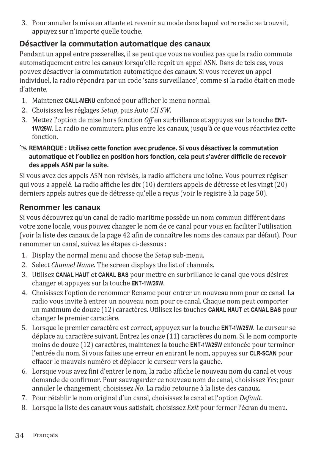 Uniden UM415 owner manual Désactiver la commutation automatique des canaux, Renommer les canaux 