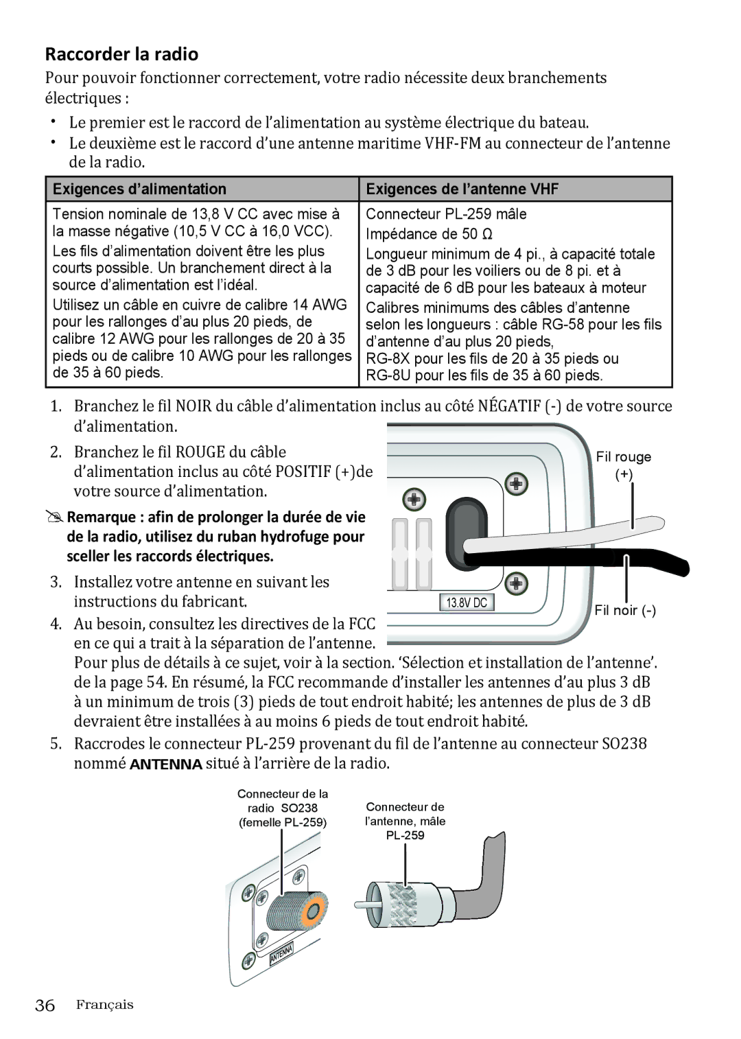 Uniden UM415 owner manual Raccorder la radio, Exigences d’alimentation Exigences de l’antenne VHF 