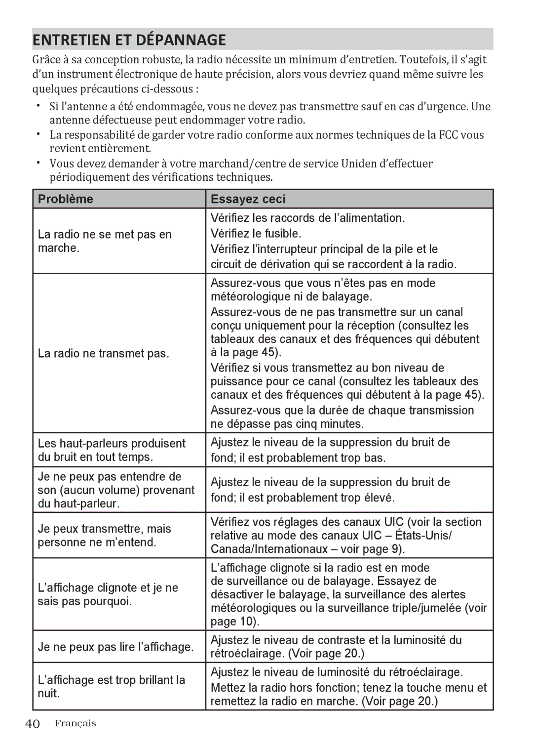 Uniden UM415 owner manual Entretien ET Dépannage, Problème Essayez ceci 