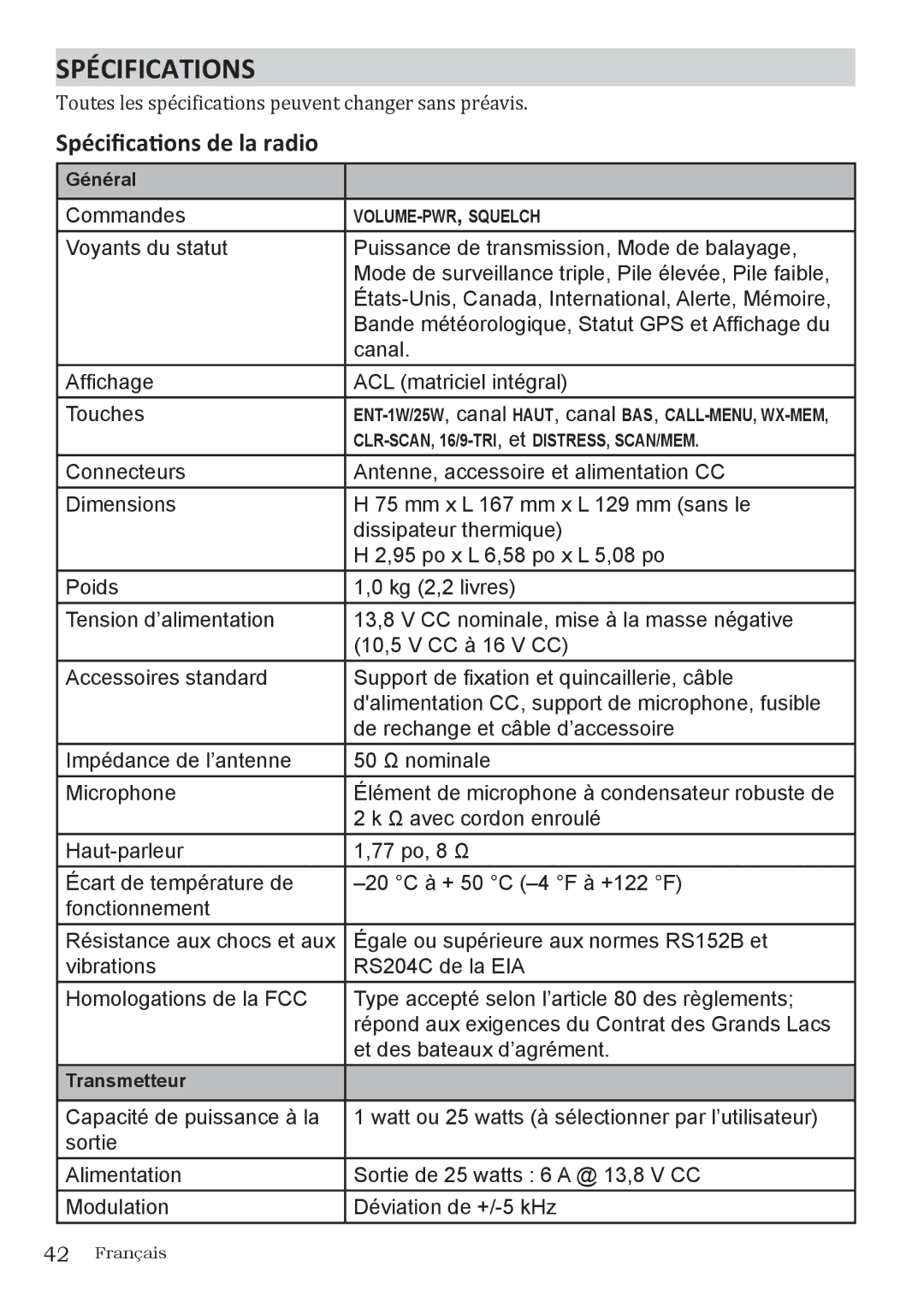 Uniden UM415 owner manual Spécifications de la radio, Toutes les spécifications peuvent changer sans préavis 