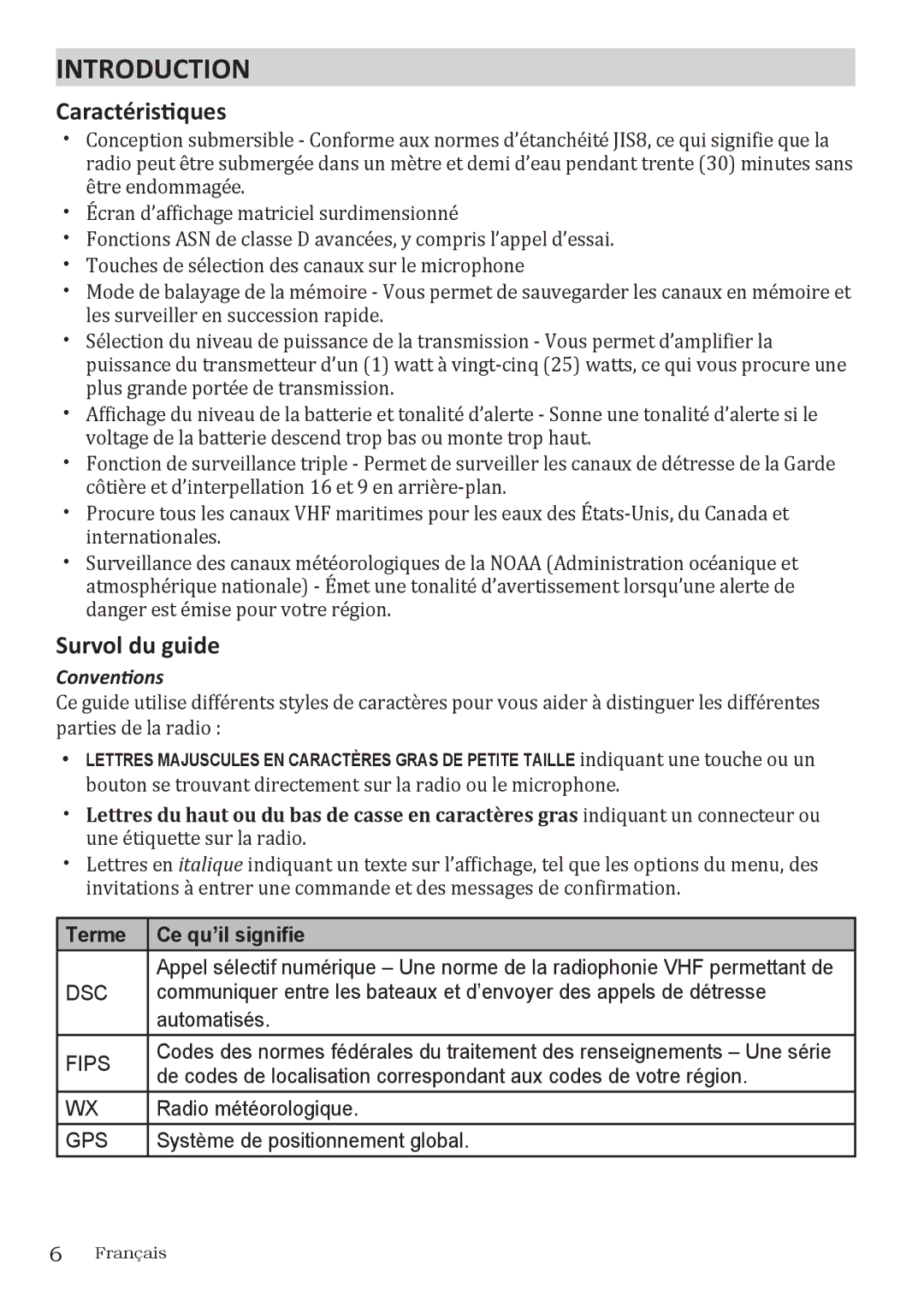 Uniden UM415 owner manual Introduction, Caractéristiques, Survol du guide, Conventions, Terme Ce qu’il signifie 