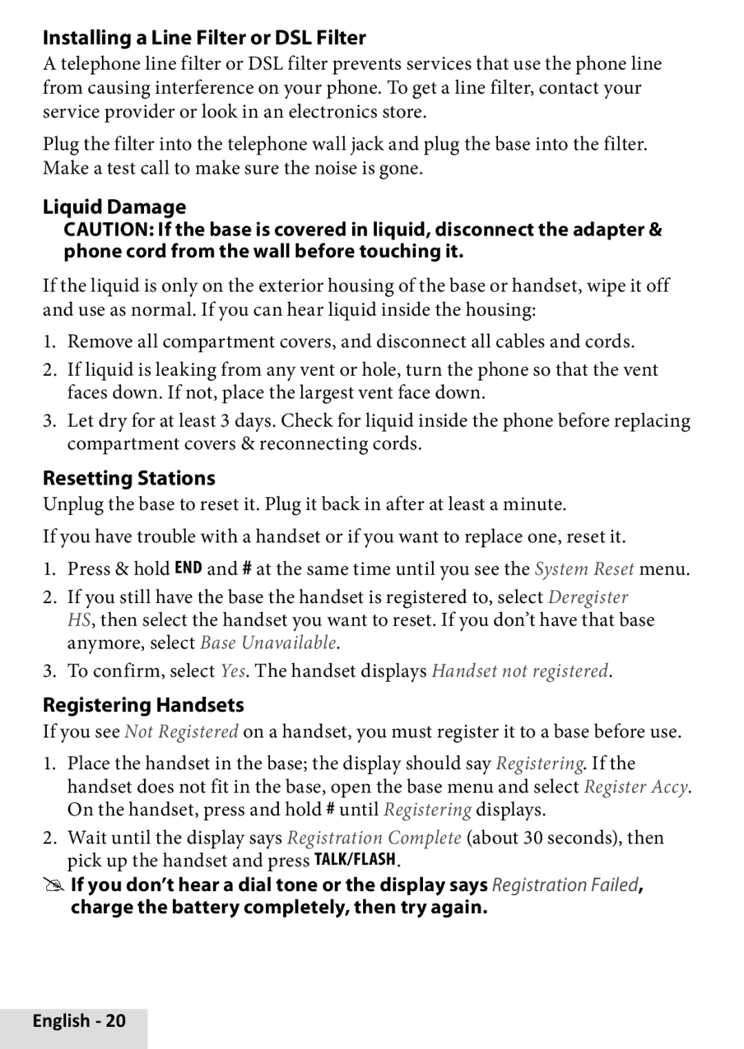 Uniden UND1685 manual Installing a Line Filter or DSL Filter, Liquid Damage, Resetting Stations, Registering Handsets 