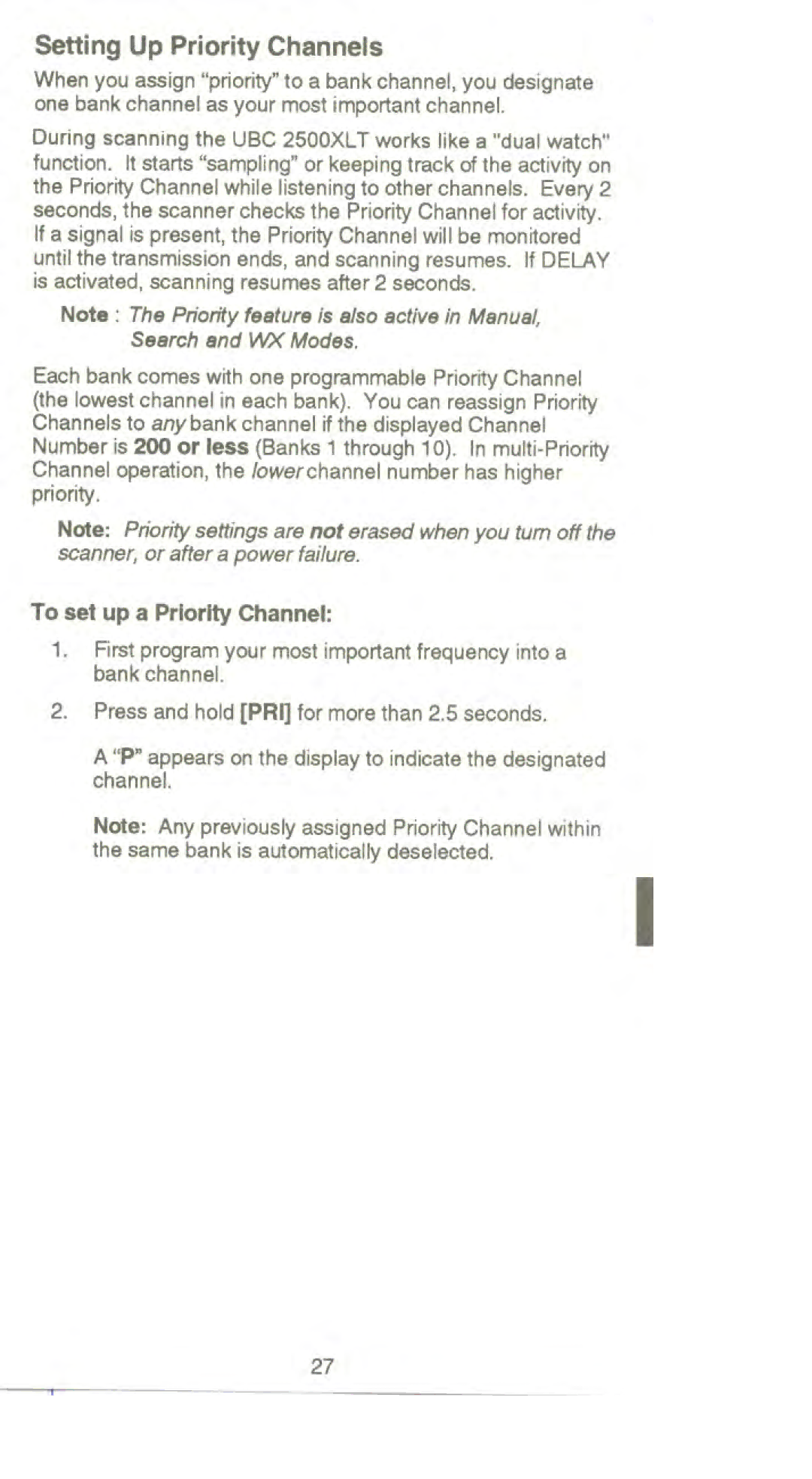 Uniden USC 2500XL T manual Setting Up Priority Channels 