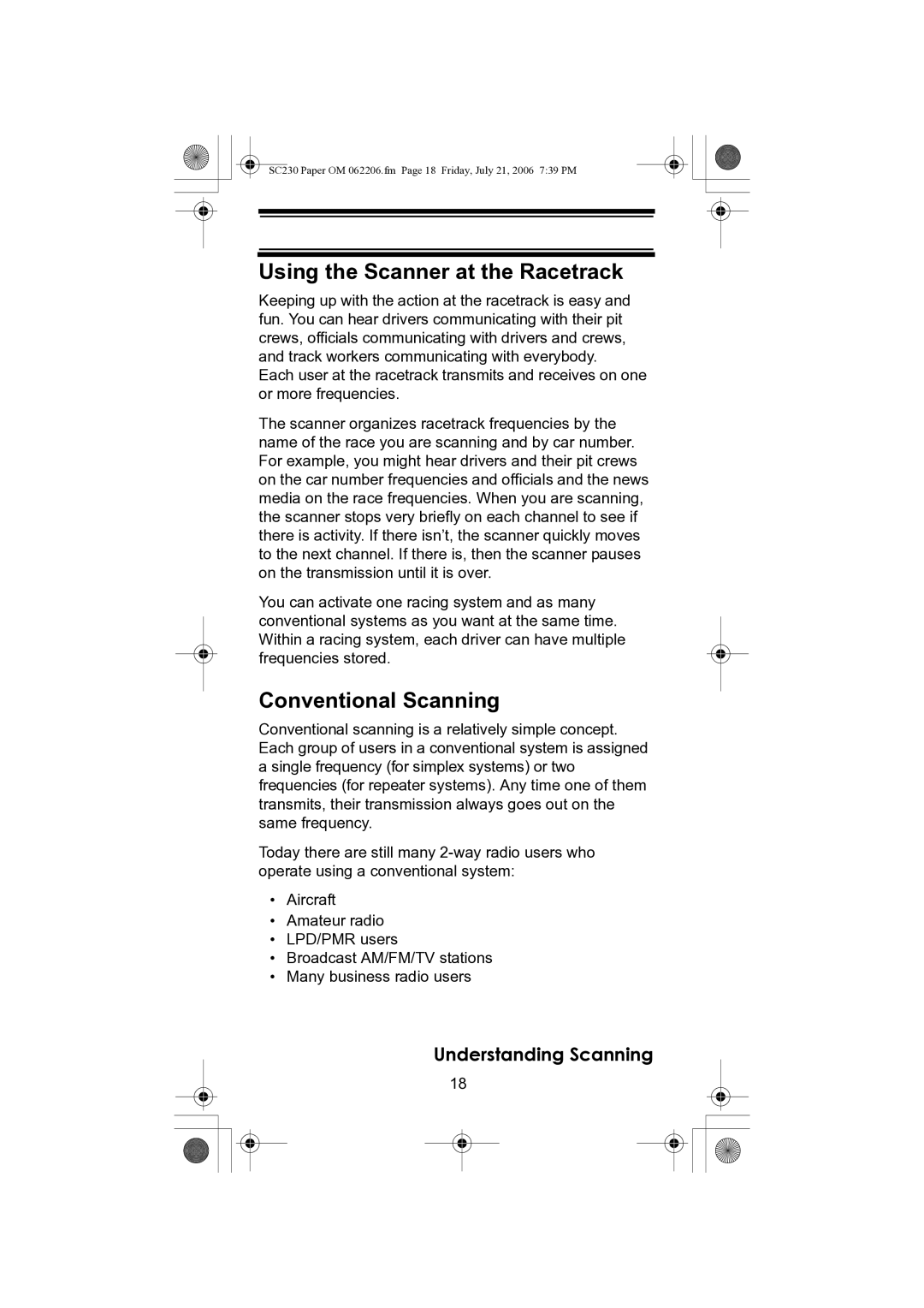 Uniden USC230 owner manual Using the Scanner at the Racetrack, Conventional Scanning 