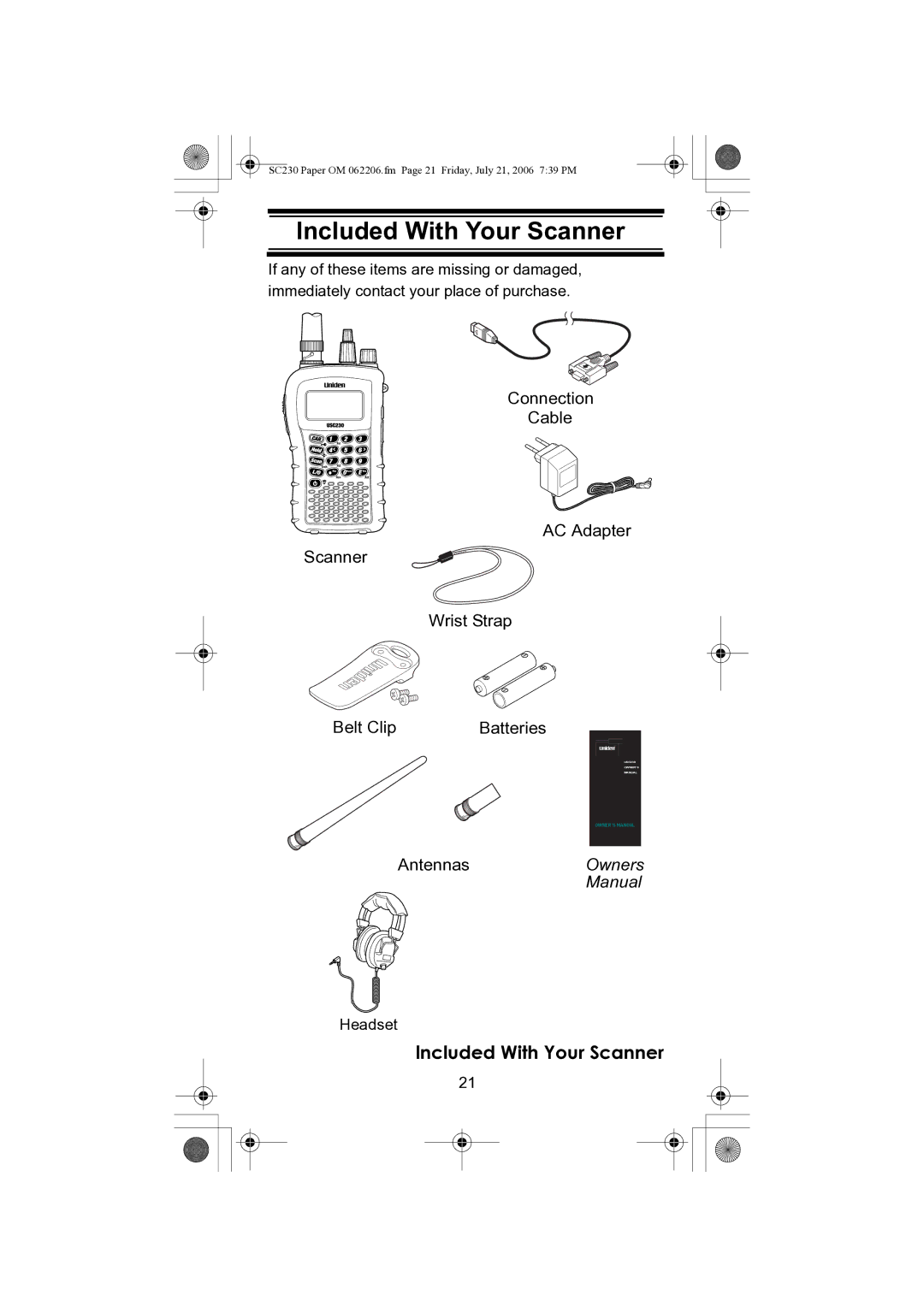 Uniden USC230 owner manual Included With Your Scanner 