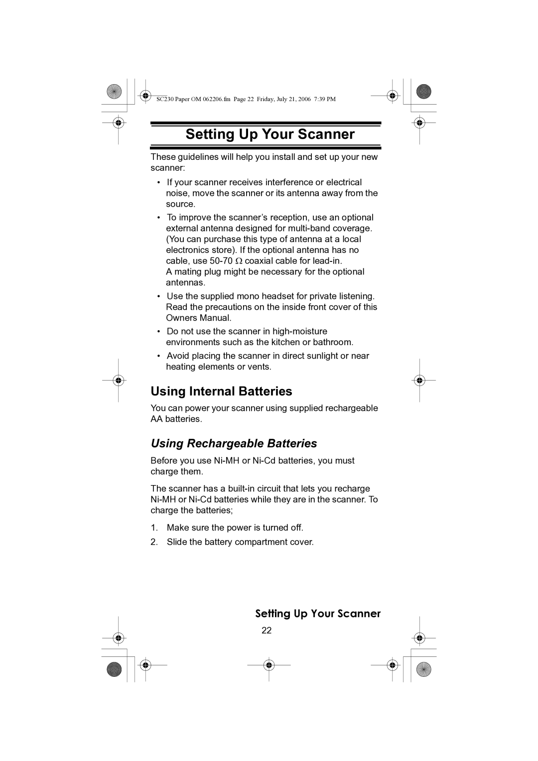 Uniden USC230 owner manual Setting Up Your Scanner, Using Internal Batteries, Using Rechargeable Batteries 