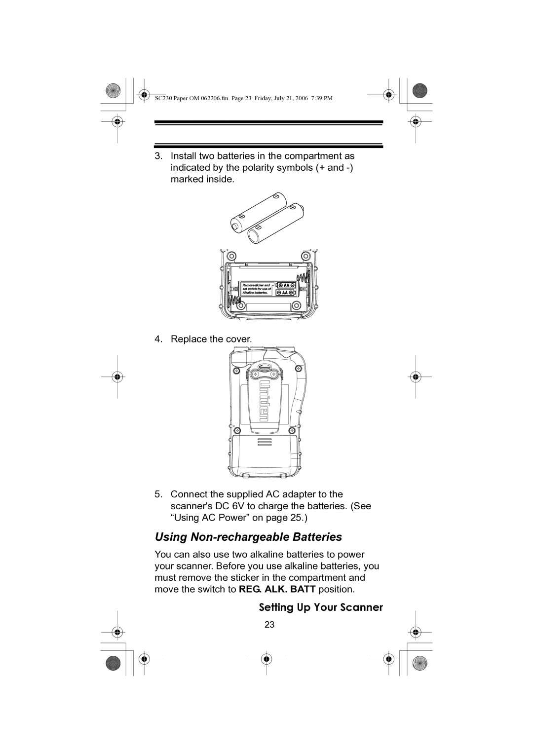 Uniden USC230 owner manual Using Non-rechargeable Batteries 