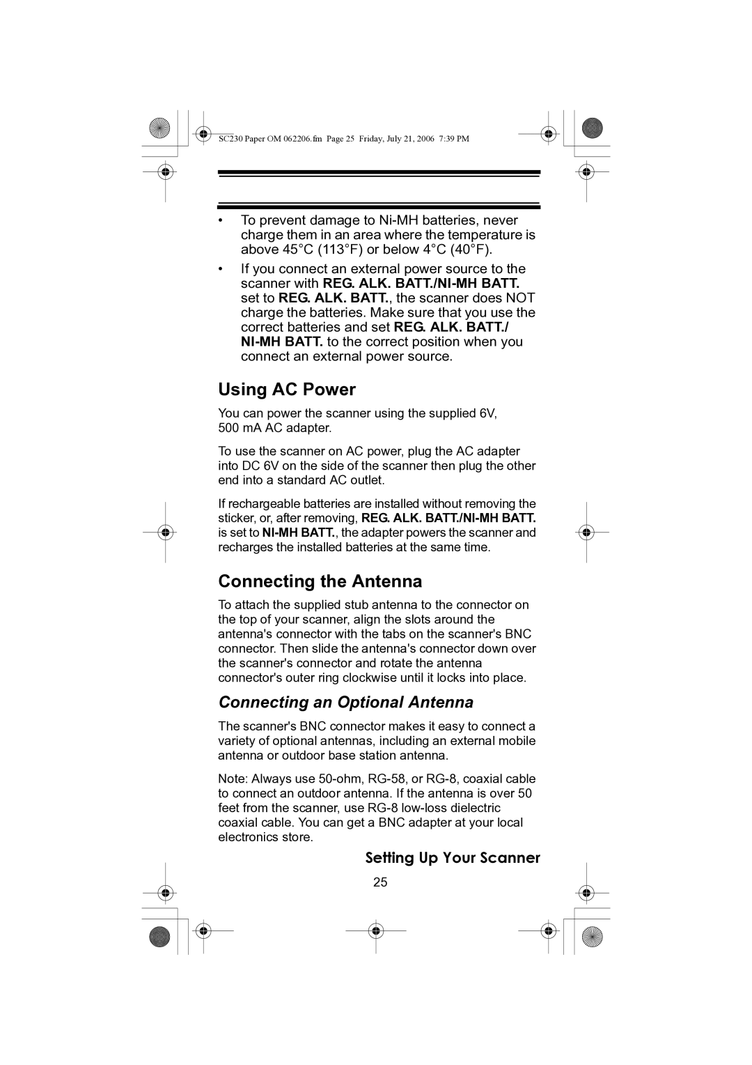 Uniden USC230 owner manual Using AC Power, Connecting the Antenna, Connecting an Optional Antenna 