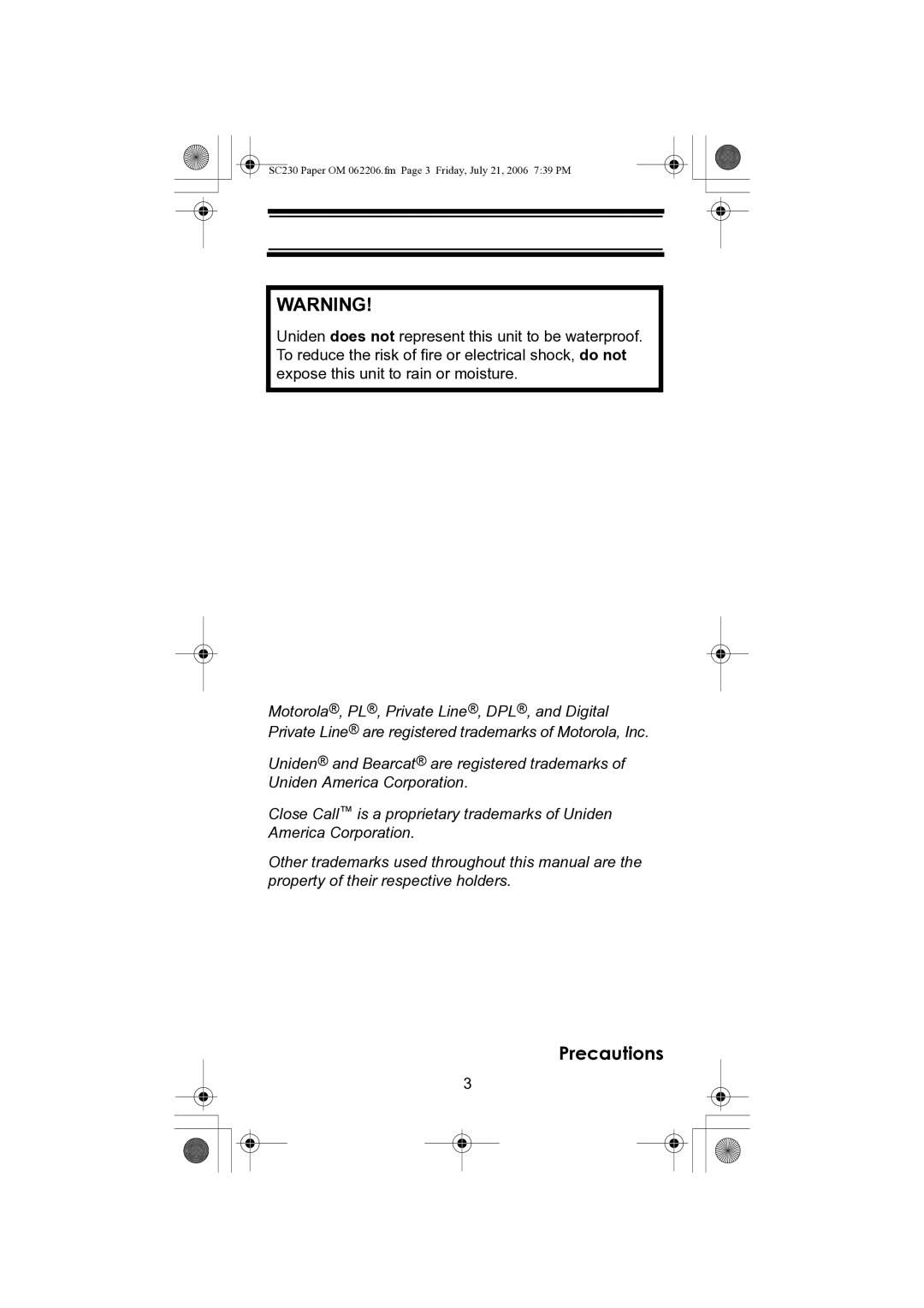 Uniden USC230 owner manual SC230 Paper OM 062206.fm Page 3 Friday, July 21, 2006 739 PM 