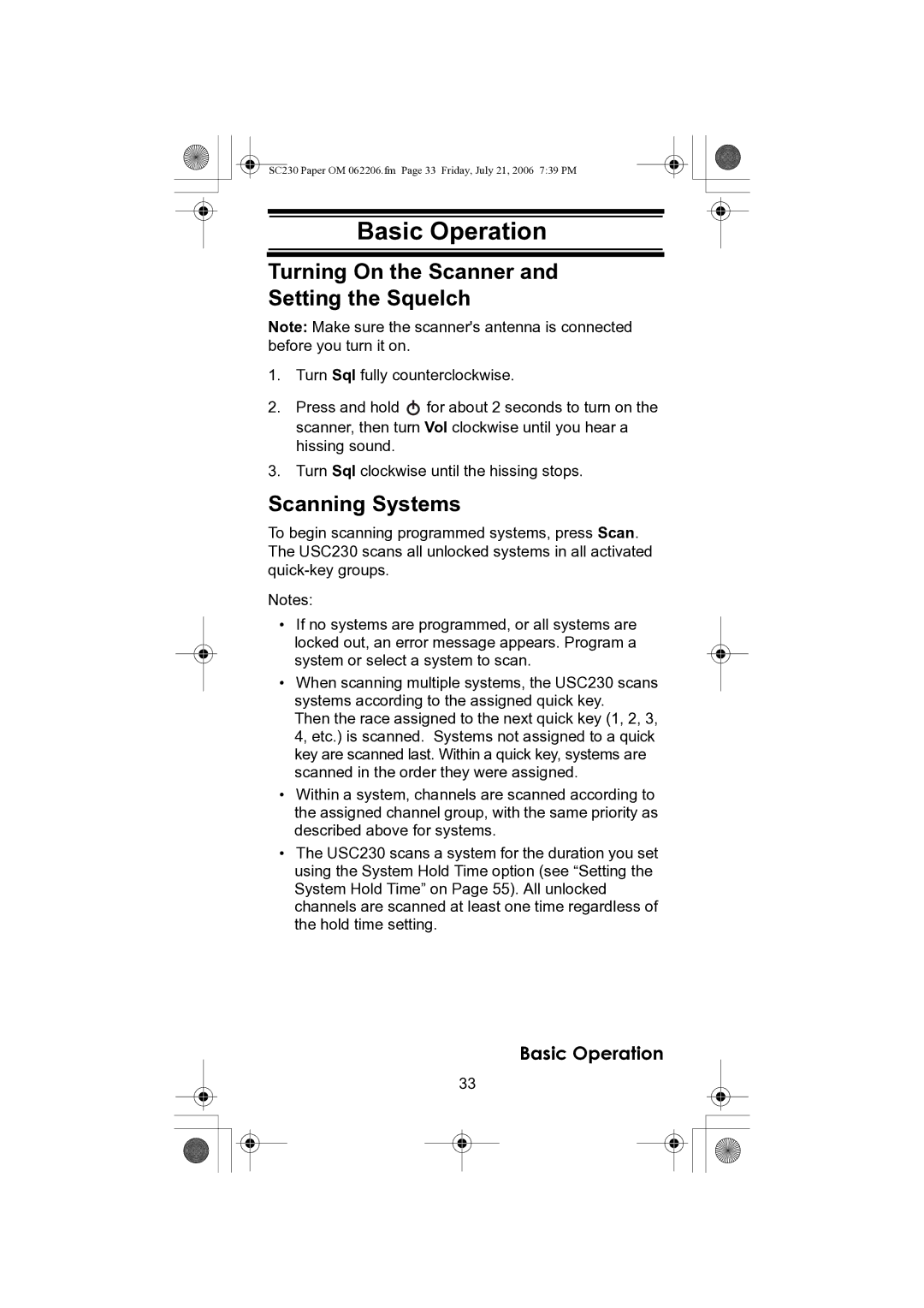 Uniden USC230 owner manual Basic Operation, Turning On the Scanner Setting the Squelch, Scanning Systems 