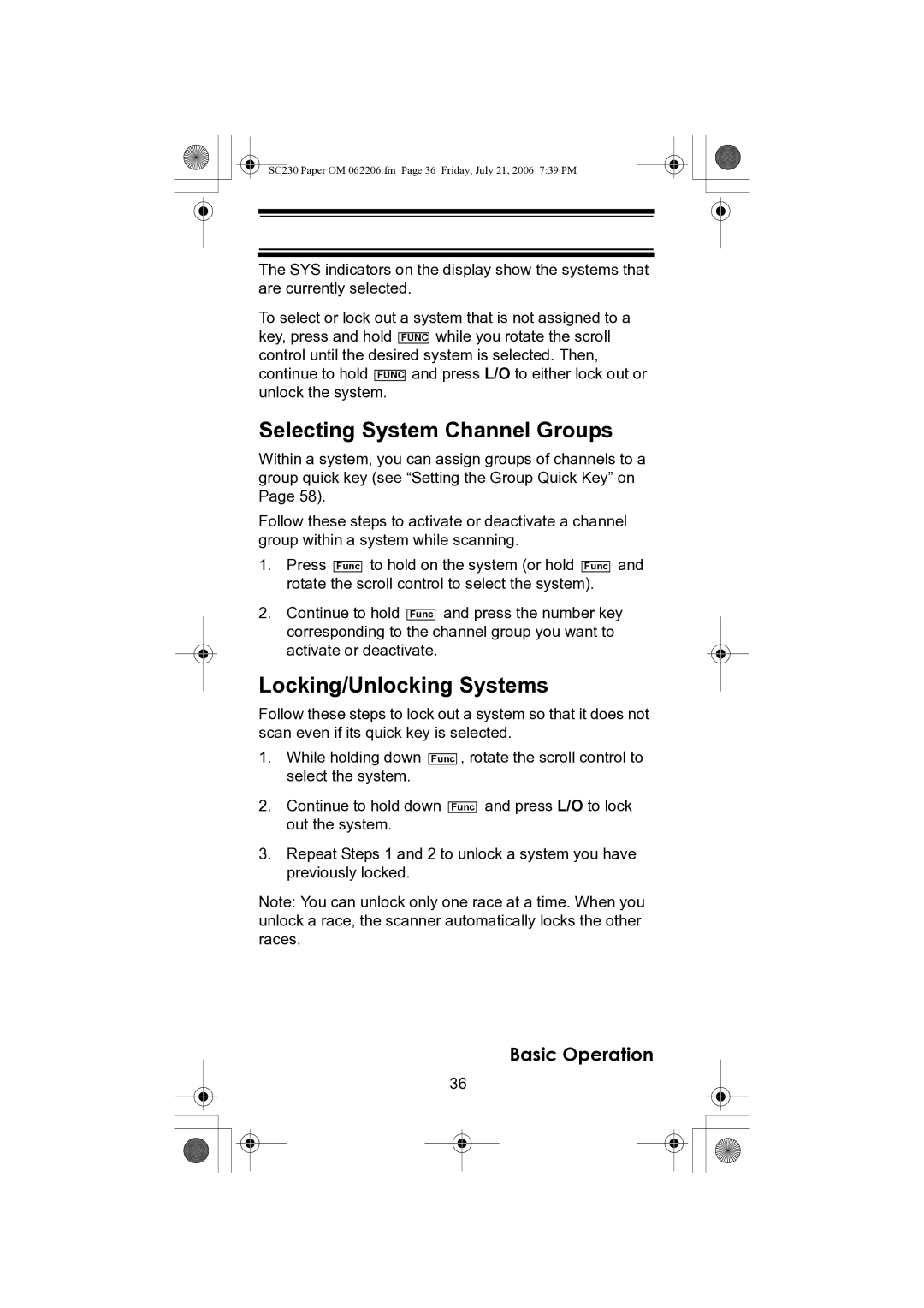 Uniden USC230 owner manual Selecting System Channel Groups, Locking/Unlocking Systems 