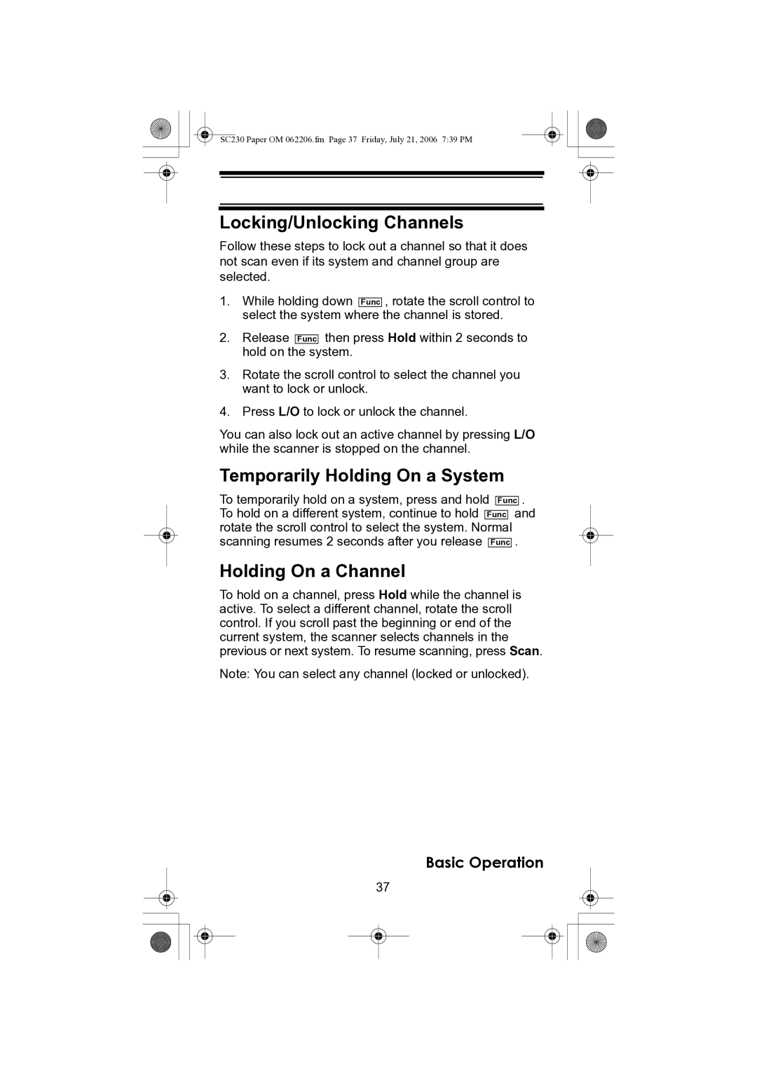 Uniden USC230 owner manual Locking/Unlocking Channels, Temporarily Holding On a System, Holding On a Channel 