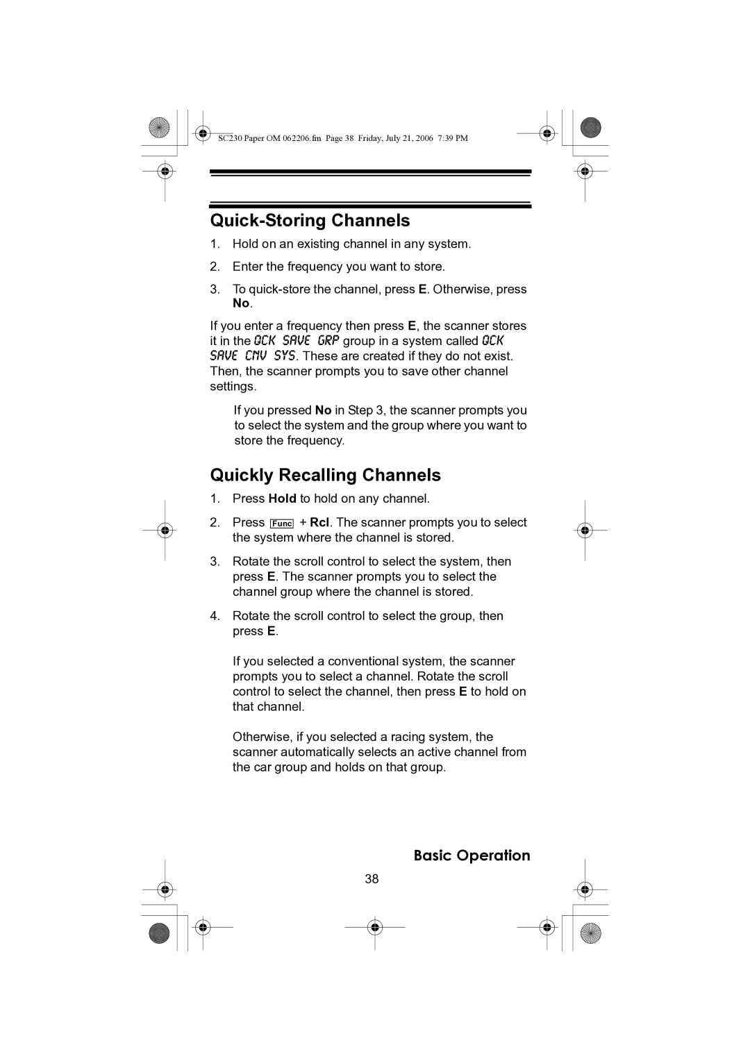 Uniden USC230 owner manual Quick-Storing Channels, Quickly Recalling Channels 